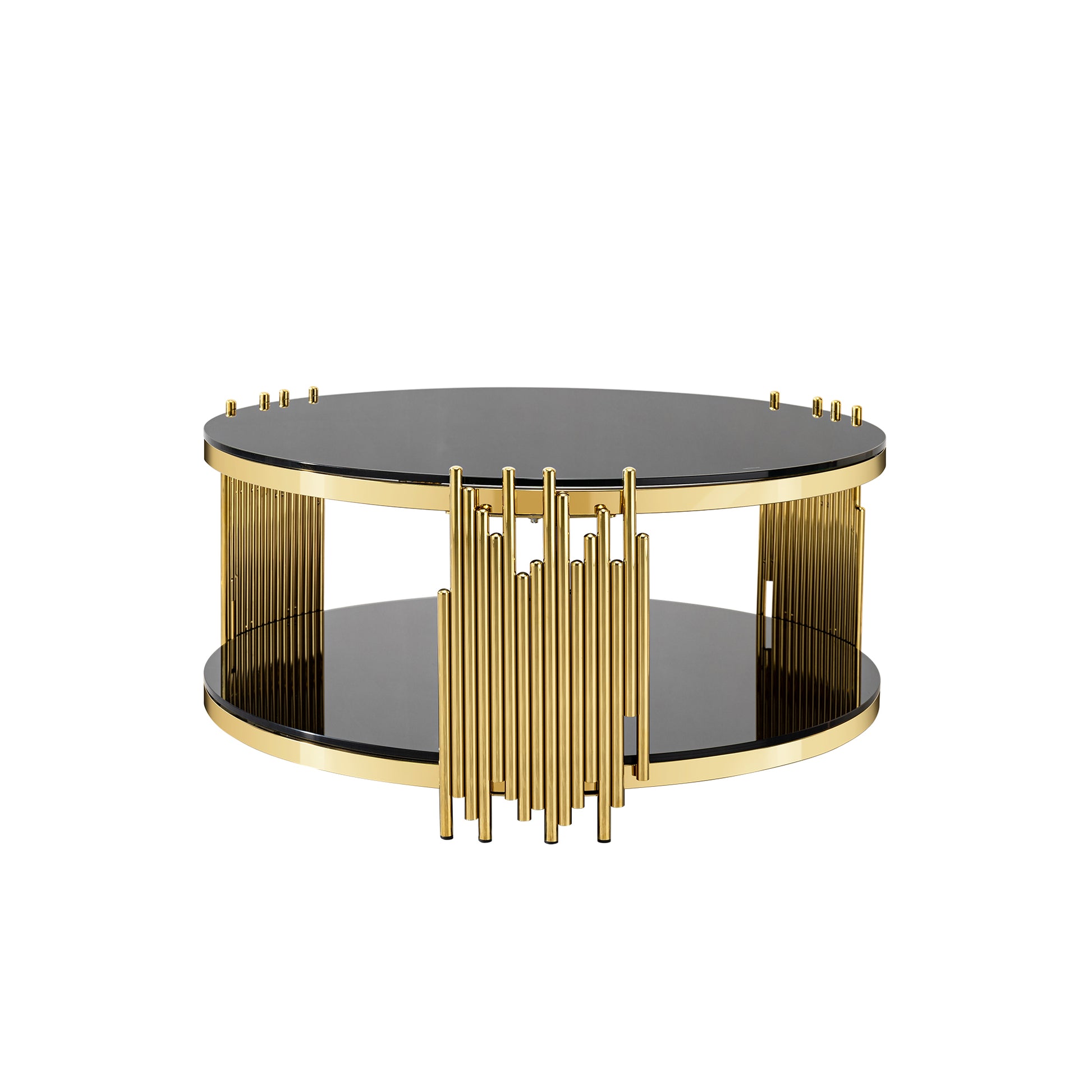 Double Layer Black Tempered Glass Top Stainless Steel Round Coffee Table For Living Room Gold Black Contemporary Round Shelves Coffee & End Tables Polished Stainless Steel