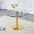 A 42 Inch Diameter Glass Top And A Modern, Minimalist Round Dining Table With Gold Metal Legs. Ideal For Dining Rooms, Living Rooms And Meeting Rooms. Model: Dt 1166 Gold Glass Metal