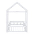 Wooden Floor Bed With Fence Railings And Detachable House Shape Headboard, Twin Size Bed With Kids Dress Up Rack, Kids Montessori Style Playhouse Frame For Girls Boys, White Twin White Wood