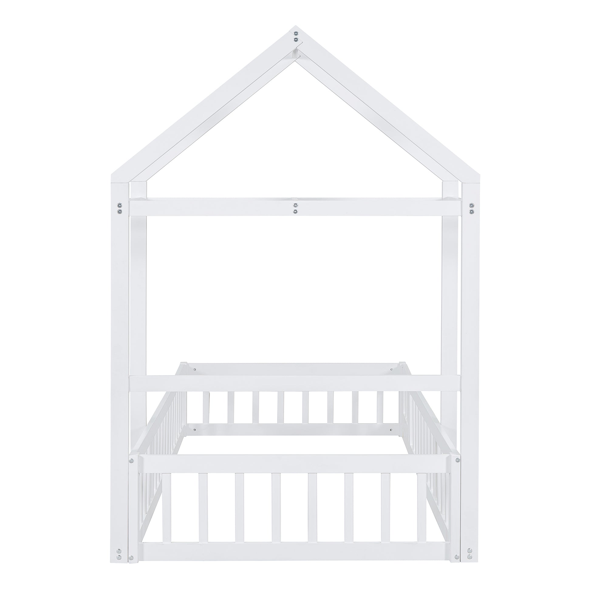 Wooden Floor Bed With Fence Railings And Detachable House Shape Headboard, Twin Size Bed With Kids Dress Up Rack, Kids Montessori Style Playhouse Frame For Girls Boys, White Twin White Wood