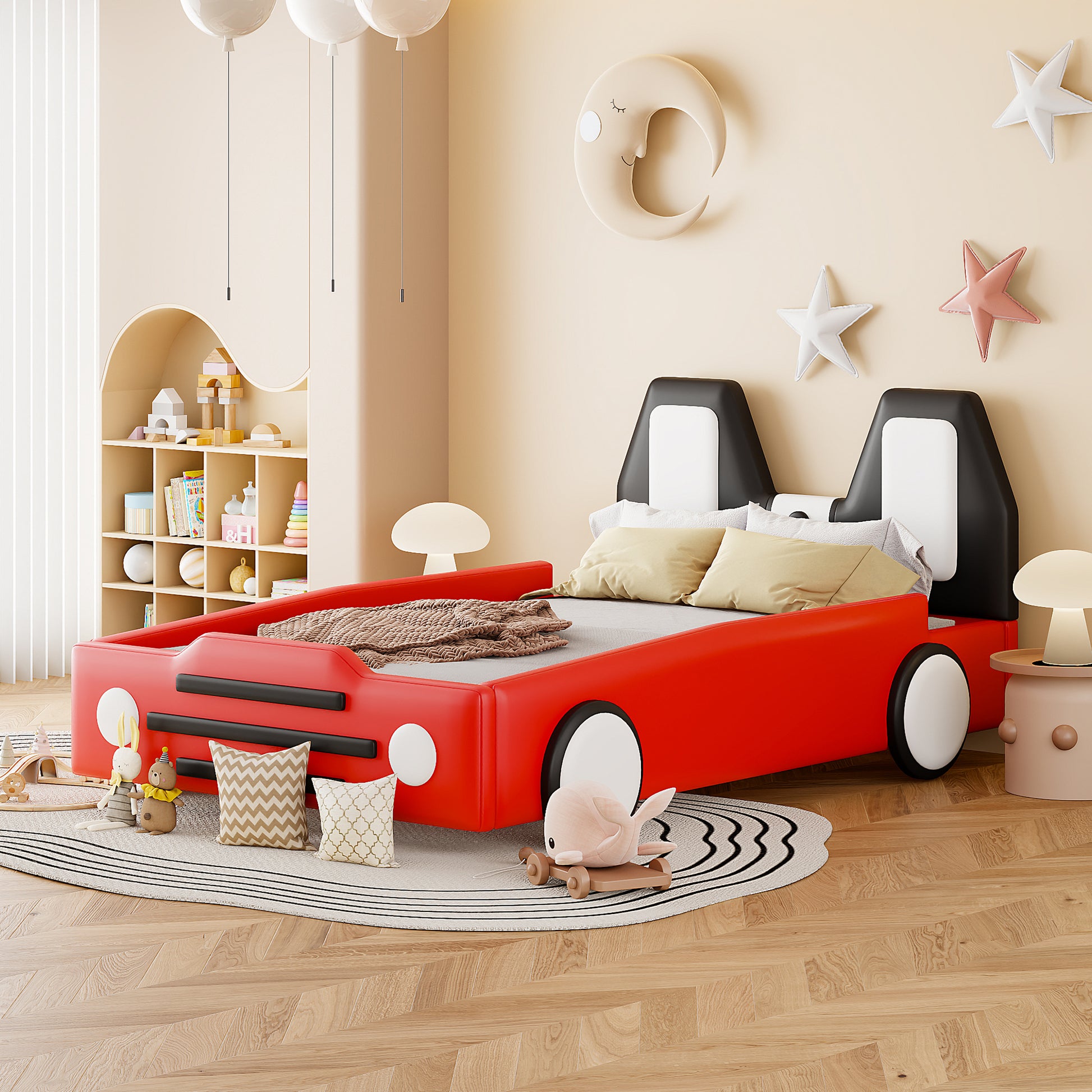 Twin Size Race Car Shaped Platform Bed With Wheels,Red Red Pu Leather