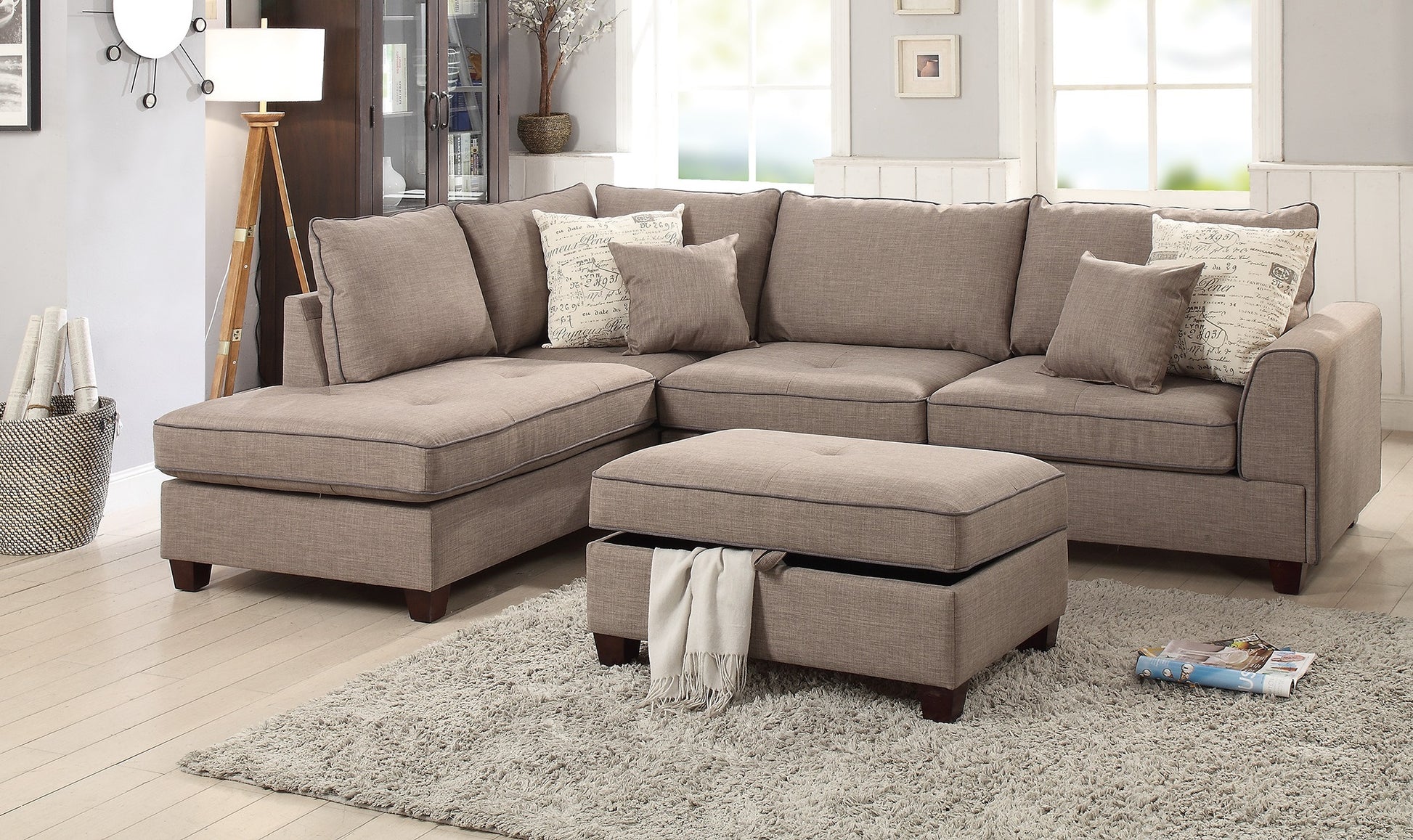 Beautiful 3 Pcs Sectional Sofa Mocha Dorris Fabric Cushion Sofa Chaise Storage Ottoman Reversible Couch Living Room Furniture Mocha Wood Primary Living Space Cushion Back Contemporary,Modern L Shaped Rubberwood Particle Board 5 Seat