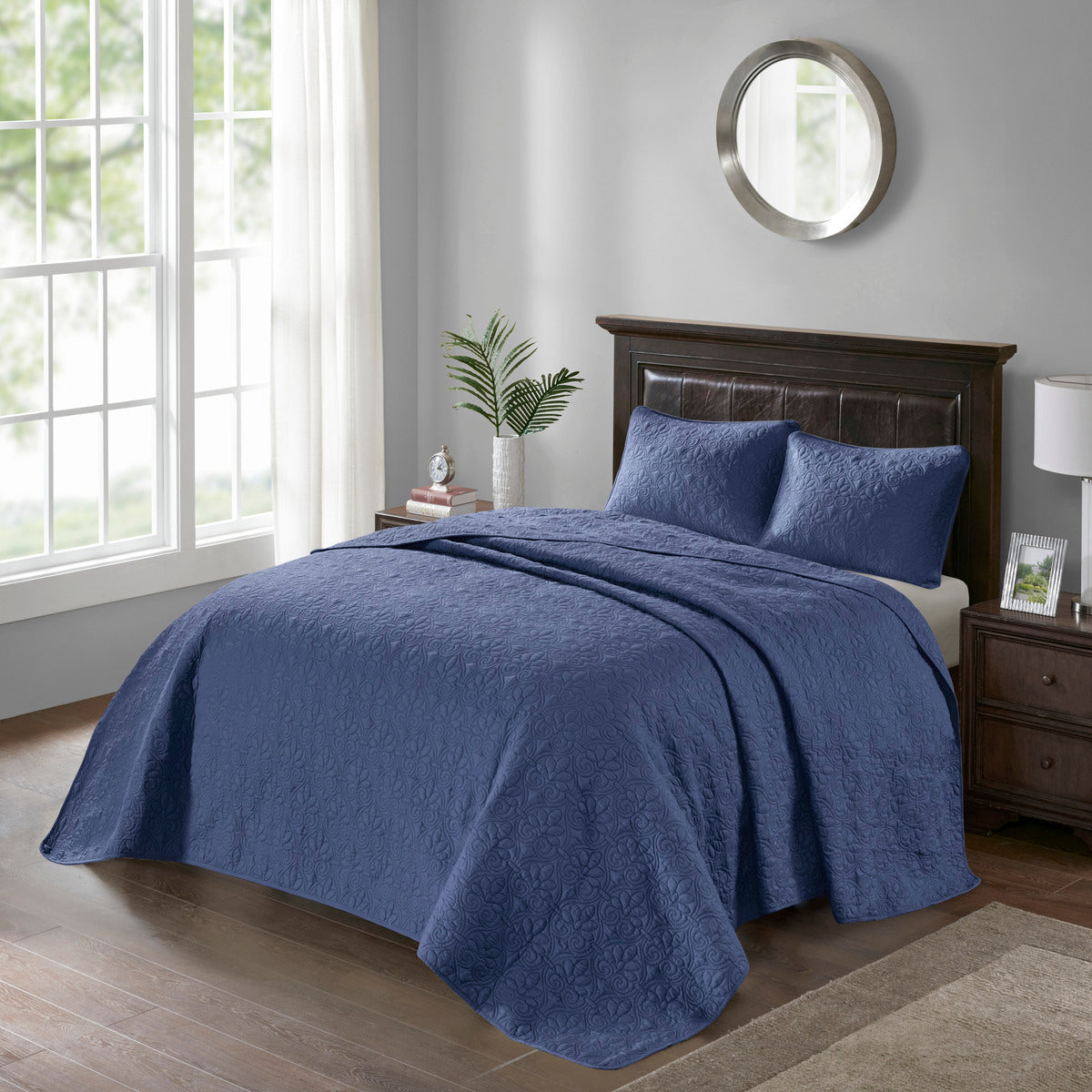 Reversible Quilt Set Navy King Cal King Navy Cotton