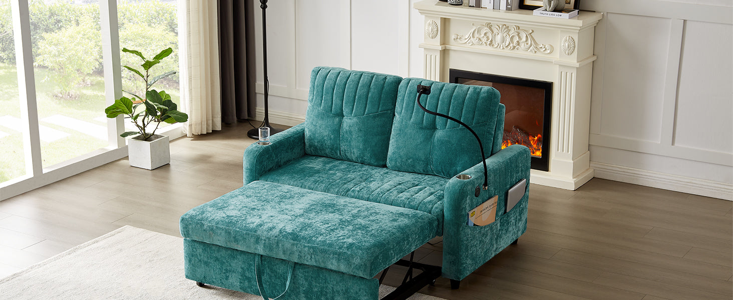 53.9" Modern Loveseat Pull Out Sofa Bed With Adjustable Backrest, Two Cup Holdersa Phone Holder, Three Charging Ports And Side Storage Pockets For Living Room, Teal Teal Foam Chenille