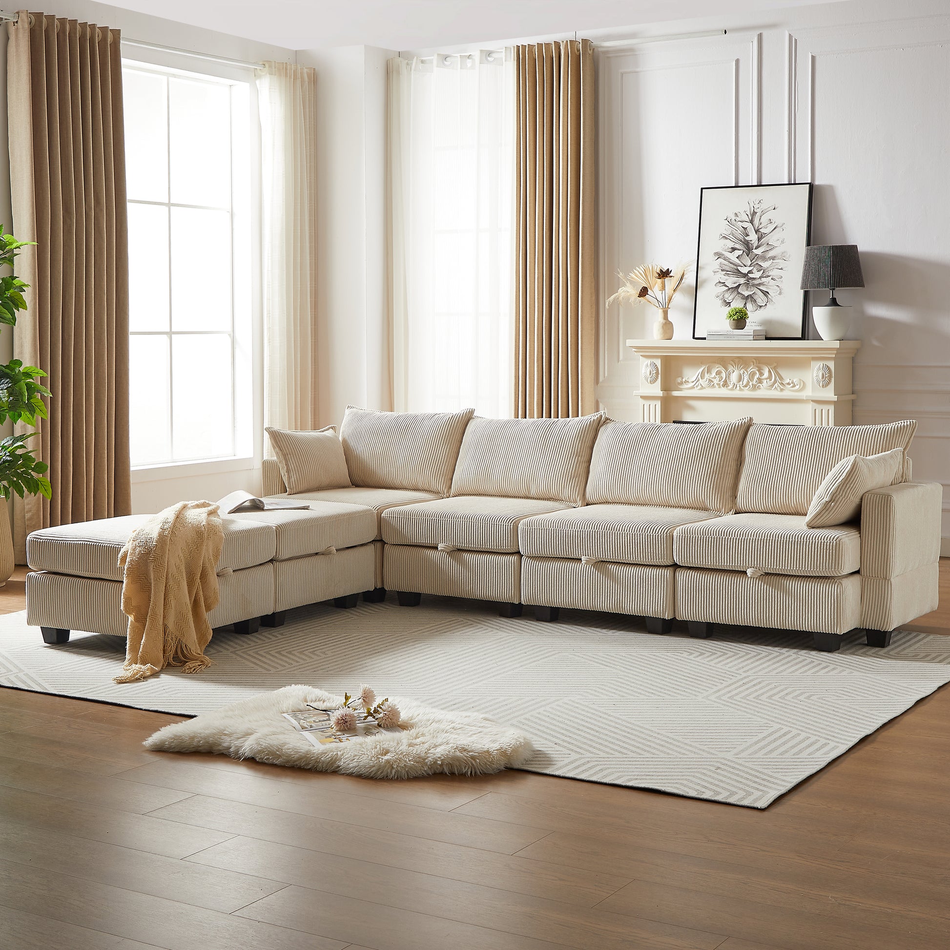 113.5'' Modular Sectiona Corduroy Sofa, Sectional Couches For Living Room U Shaped Sectional Couch With Storage Ottoman, 6 Seats Convertible Sectionals With Chaise Beige Corduroy 3 Seat