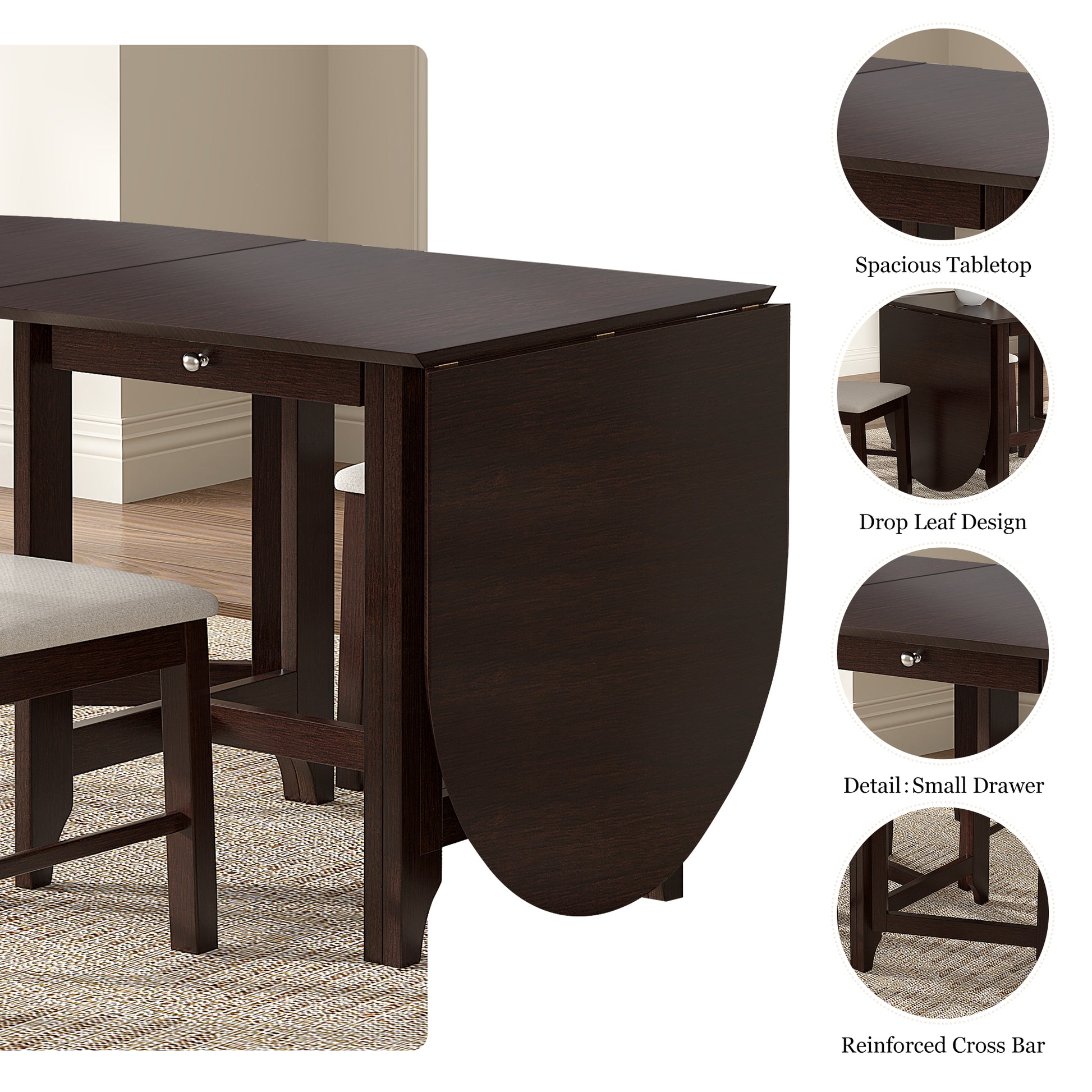 Retro Drop Leaf Table Rubber Wood Dining Table With Spacious Tabletop Small Drawer For Small Space Kitchen Dark Brown Brown Rubber Wood