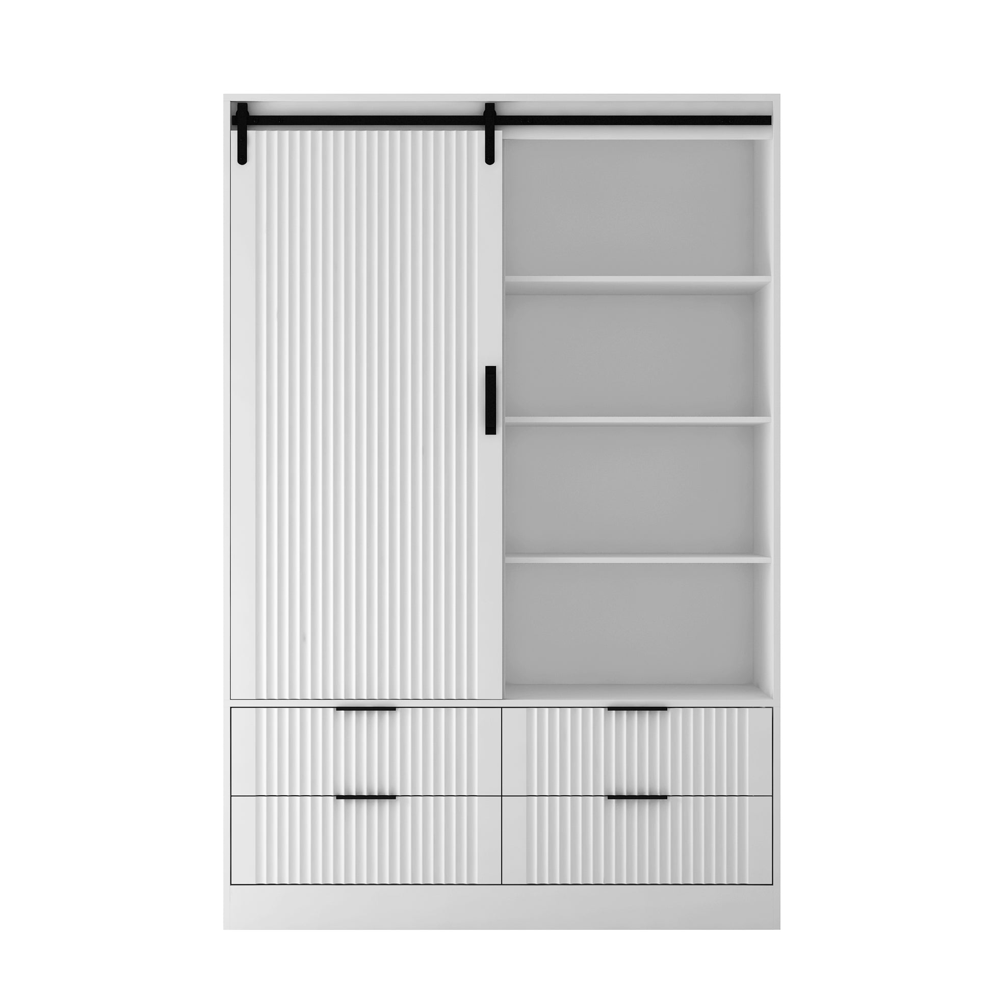 Tall Bedroom Armoire Wardrobe Closet Clothing Storage Cabinet With Hanging Rod Barn Door Drawers Open Shelves,White White Mdf