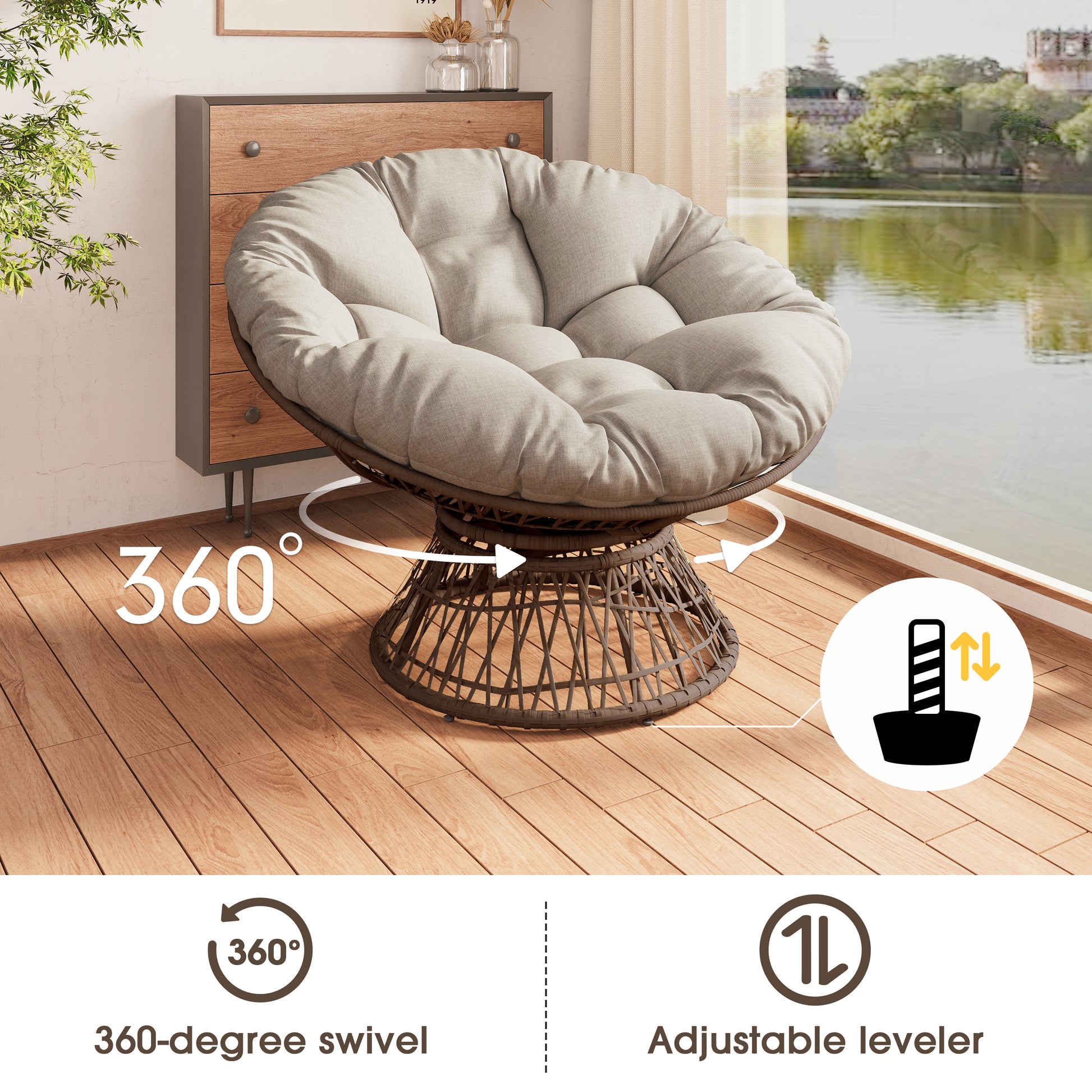 41.5" Ergonomic Wicker Chair With Cloud Thick Density Fabric Cushion,3 Proof Cover,High Capacity Iron Frame,Fluid 360 Degree Swivel For Reading,Living Room, Bedroom,Lounge,Brown Base,2 Colors