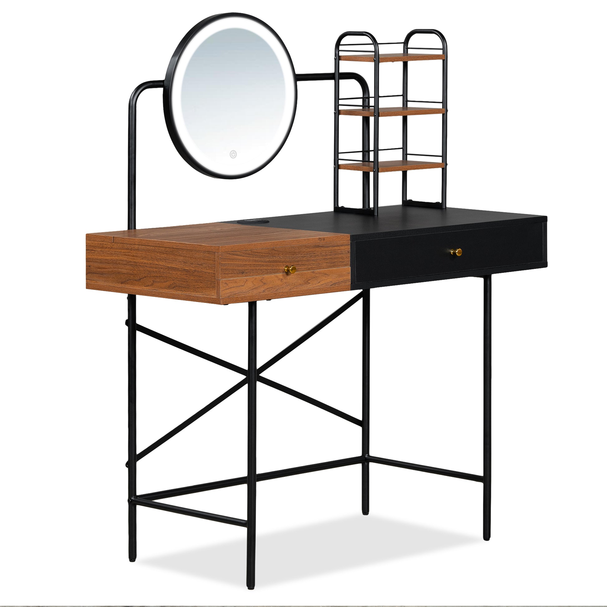 40" Makeup Vanity Desk With 3 Mode Lighted Mirror & Wireless Charging Stationvanity Table With Drawer & 3 Open Shelves For Large Storage Space, Dressing Table For Bedroom, Black Black 1 Drawer Glass Mdf Iron