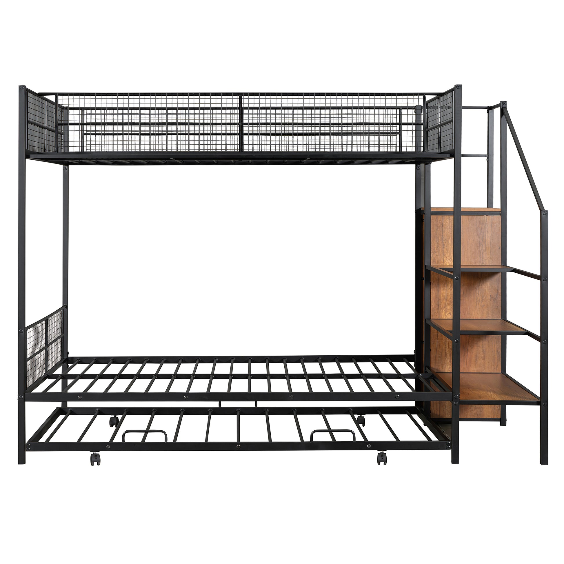 Twin Over Full Metal Bunk Bed With Trundle And Lateral Storage Ladder And Wardrobe, Black Black Metal