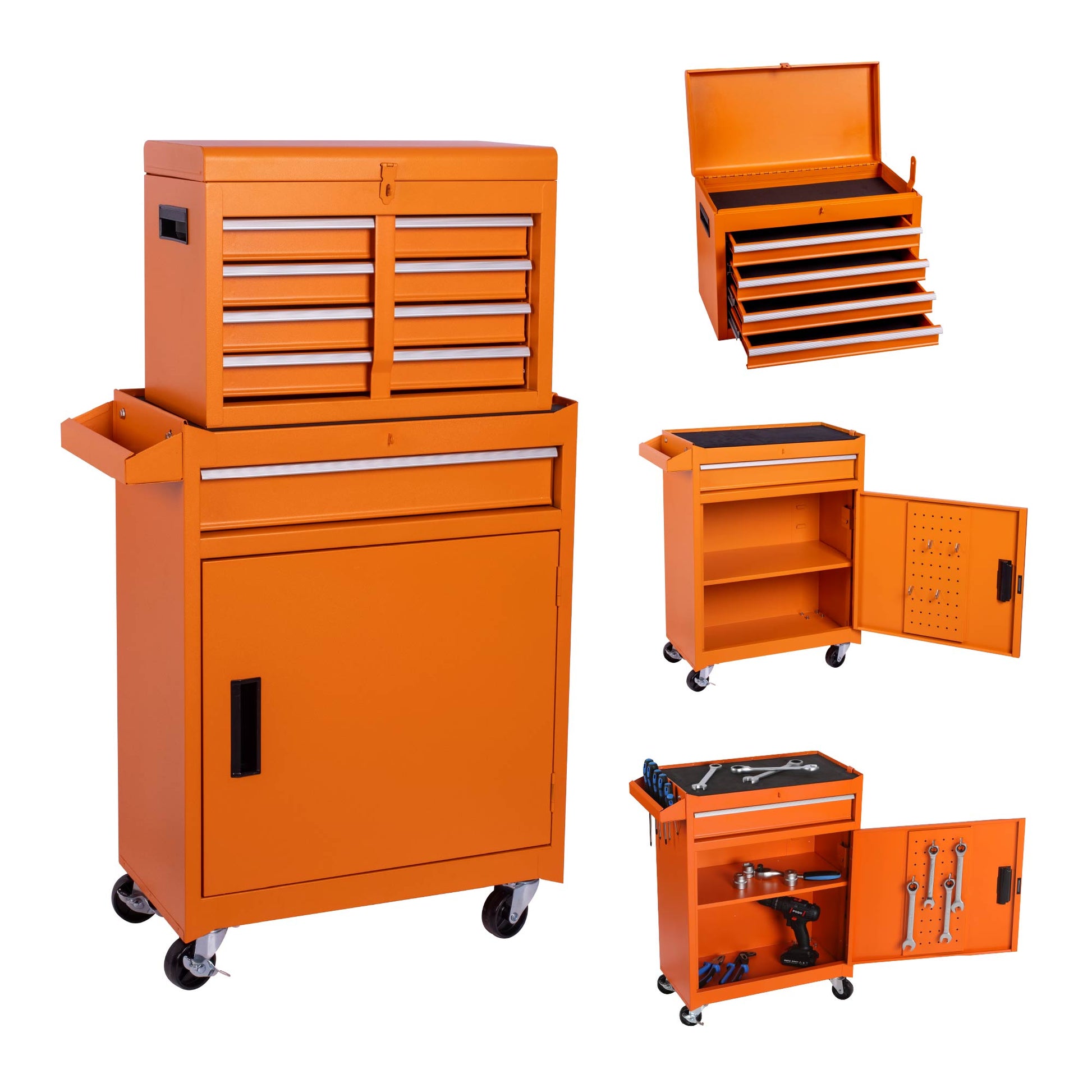Tool Chest, 5 Drawer Rolling Tool Storage Cabinet With Detachable Top Tool Box, Liner, Universal Lockable Wheels, Adjustable Shelf, Locking Mechanism, Metal Tool Cart For Garage Workshop Orange
