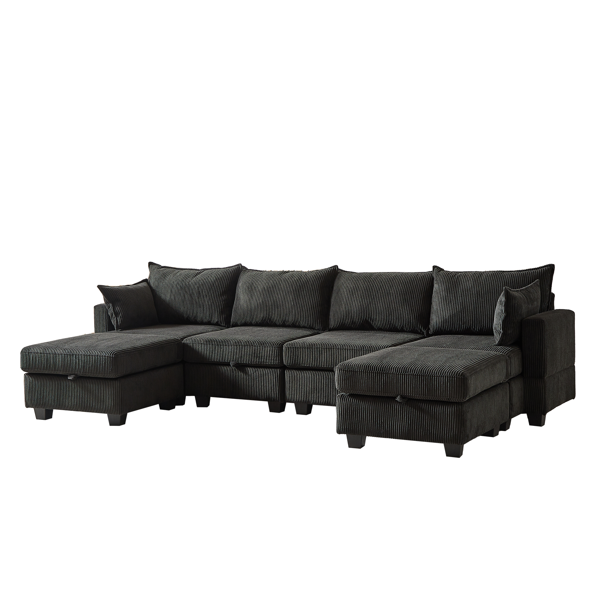 113.5'' Modular Sectiona Corduroy Sofa, Sectional Couches For Living Room U Shaped Sectional Couch With Storage Ottoman, 6 Seats Convertible Sectionals With Chaise Black Corduroy 6 Seat