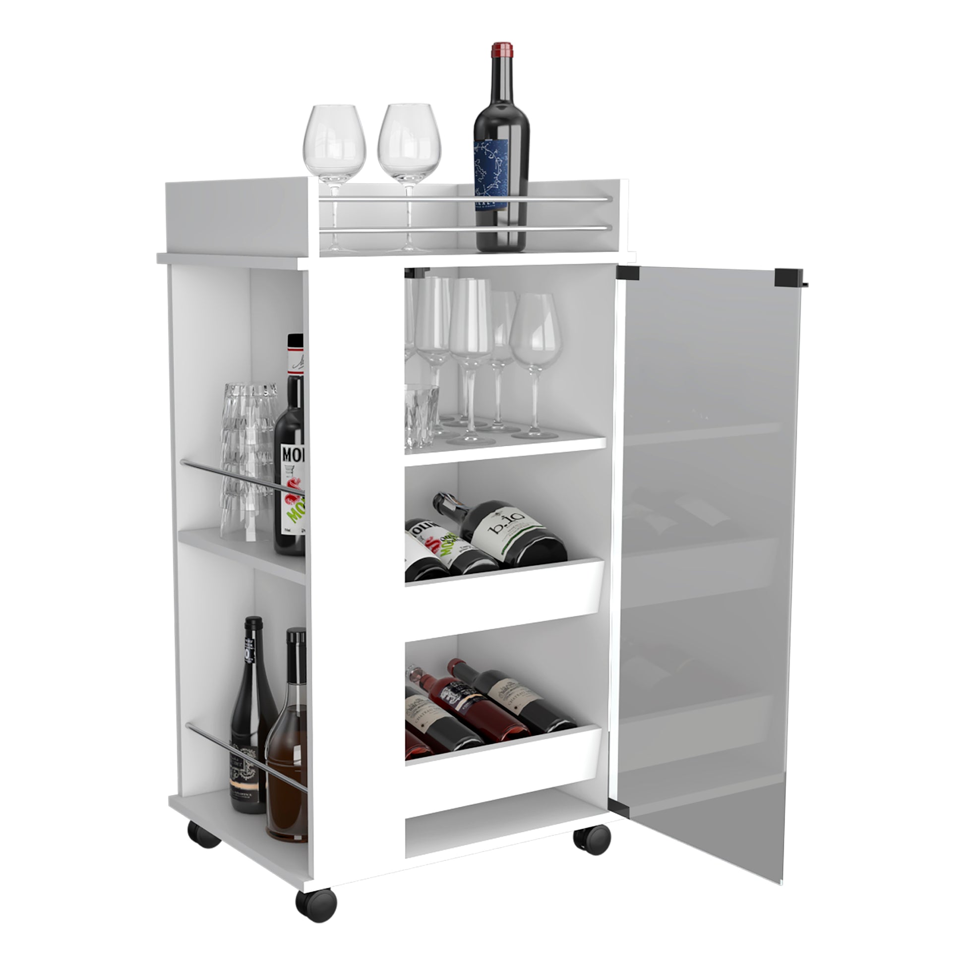 Baltimore Bar Cart With Casters, Glass Door And 2 Side Shelf White Primary Living Space Modern Particle Board Shelves Included Engineered Wood