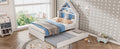 Full Size House Shaped Bed With Bookcase Headboard And Led Light And Twin Size Trundle For Kids Boys Girls, Blue White Box Spring Not Required Full White Blue Wood Bedroom Cute Bed Frame Wood
