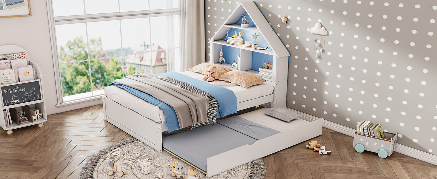 Twin Size House Shaped Bed With Bookcase Headboard And Led Light And Twin Size Trundle For Kids Boys Girls, Blue White Box Spring Not Required Twin White Blue Wood Bedroom Cute Bed Frame Wood