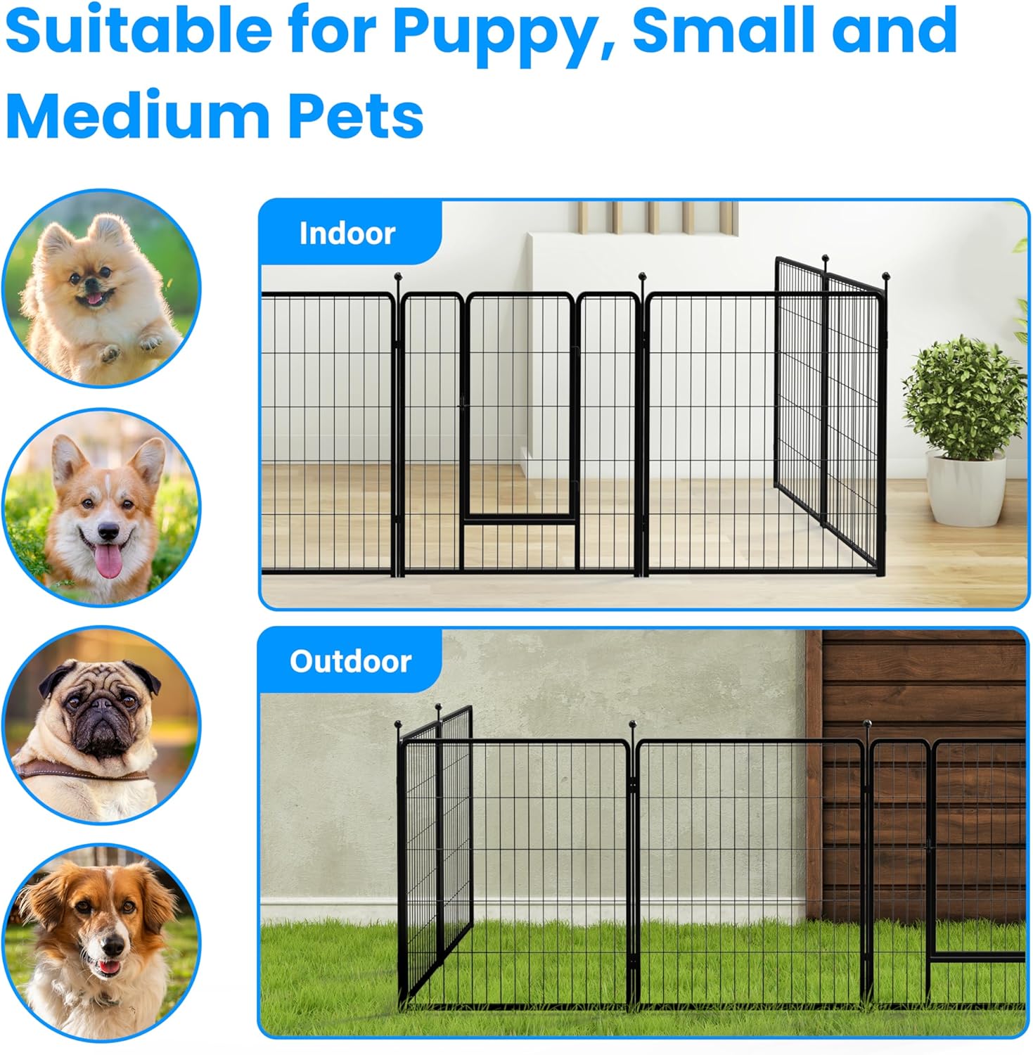 Dog Playpen, 32" Height 8 Panels Heavy Duty Dog Pen, Light Weight And Easy To Carry For Travel, Camping, For Small Medium Dogs, Black Black Metal