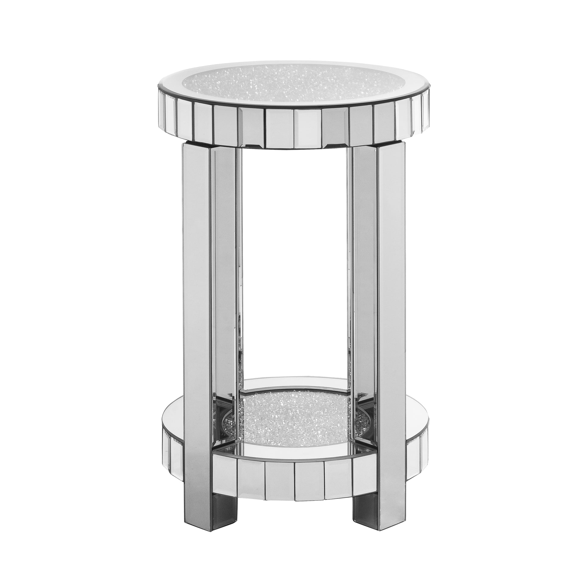 Mirror Round Table With Crystal Inlay, 2 Layer Modern Small Sofa Table With Storage Space, Silver Decorative Table Suitable For Living Room, Bedroom, Coffee And Small Spaces Mirrored Finish Primary Living Space Round Silver Floating Desk American Design