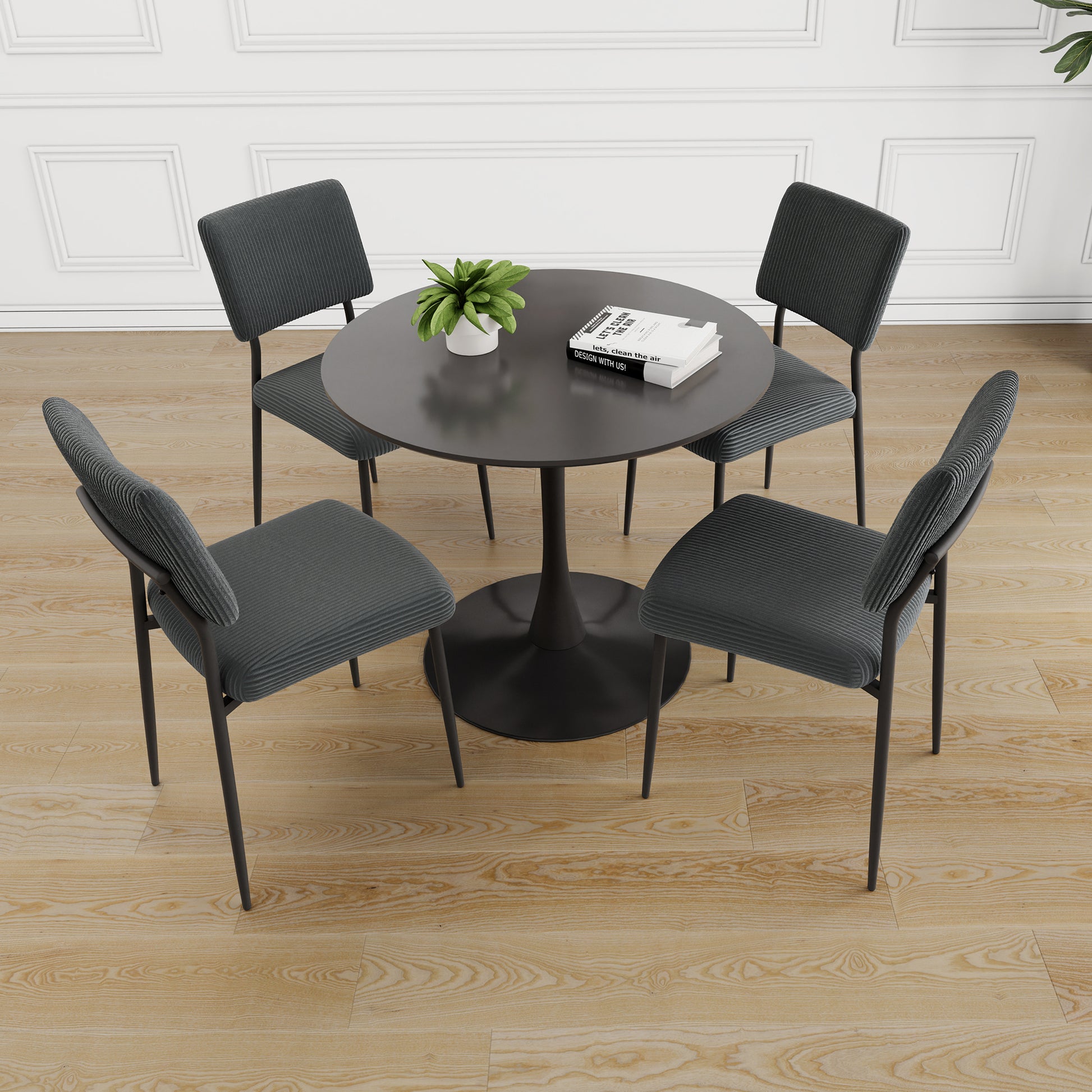 Modern Grey Simple Velvet Dining Chair Fabric Upholstered Chair Family Bedroom Stool Back Dressing, Black Round Table Set, Chair Black Metal Legs Set Of 5 Black Mdf