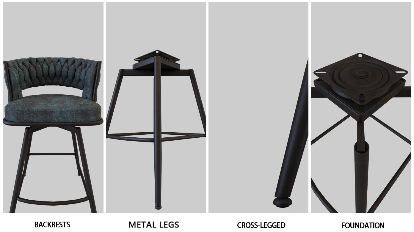 Bar Chair Suede Woven Bar Stool Set Of 4,Black Legs Barstools No Adjustable Kitchen Island Chairs,360 Swivel Bar Stools Upholstered Bar Chair Counter Stool Arm Chairs With Back Footrest, Blue Metal Blue Kitchen Dining Chairs Foam Technical Leather