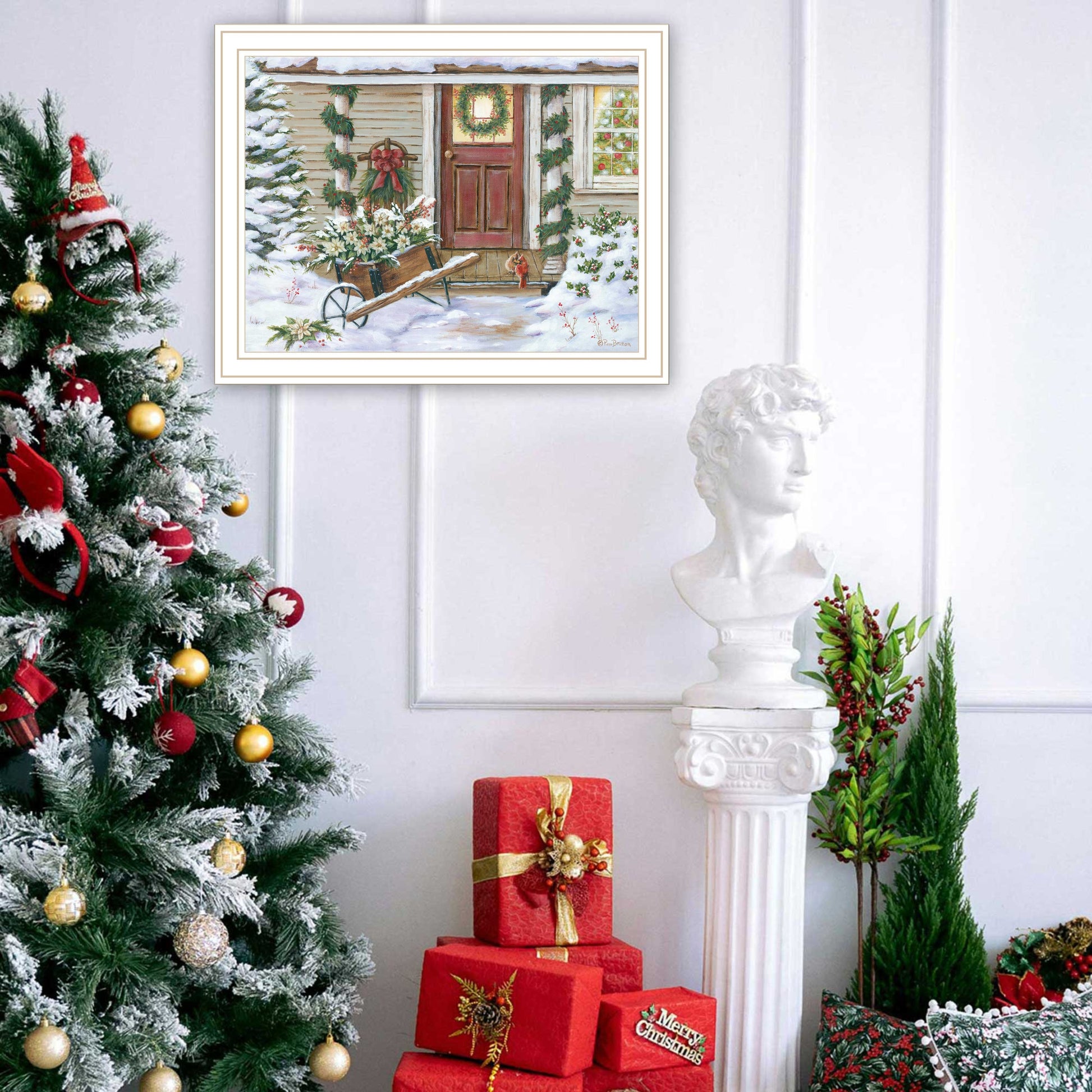Holiday Porch White Framed Wall Art For Living Room, Farmhouse Wall Art Print For Home Decor, Bedroom Wall Art By Pam Britton Multicolor Wood Paper