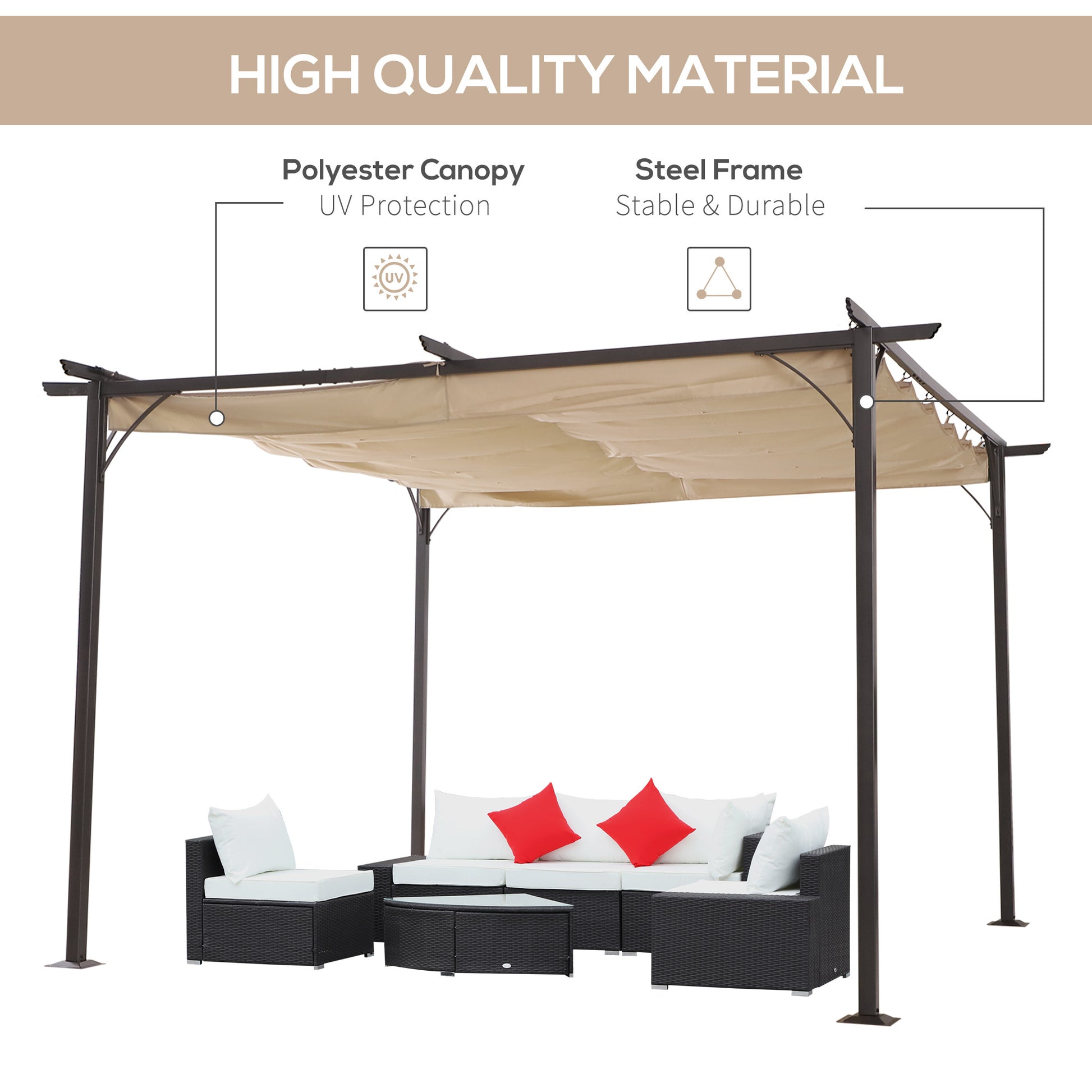 Outsunny 11.5' X 11.5' Outdoor Retractable Pergola Canopy, Metal Patio Shade Shelter For Backyard, Porch Party, Garden, Grill Gazebo, Beige Beige Steel