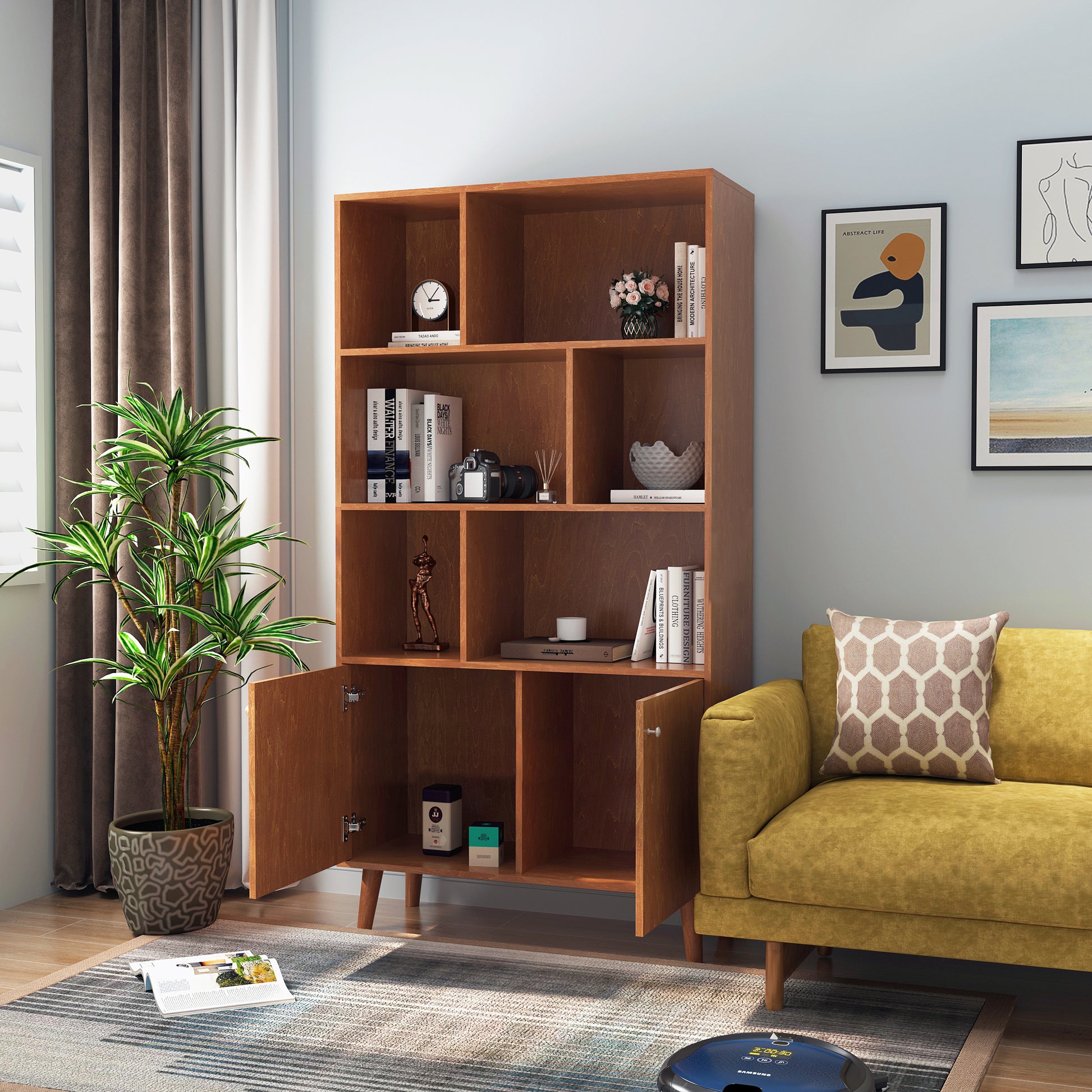 67" Bookcase With Doors, 3 Tier Bookshelf, Honey Honey Vertical Primary Living Space Closed Back Wood With Doors Mdf