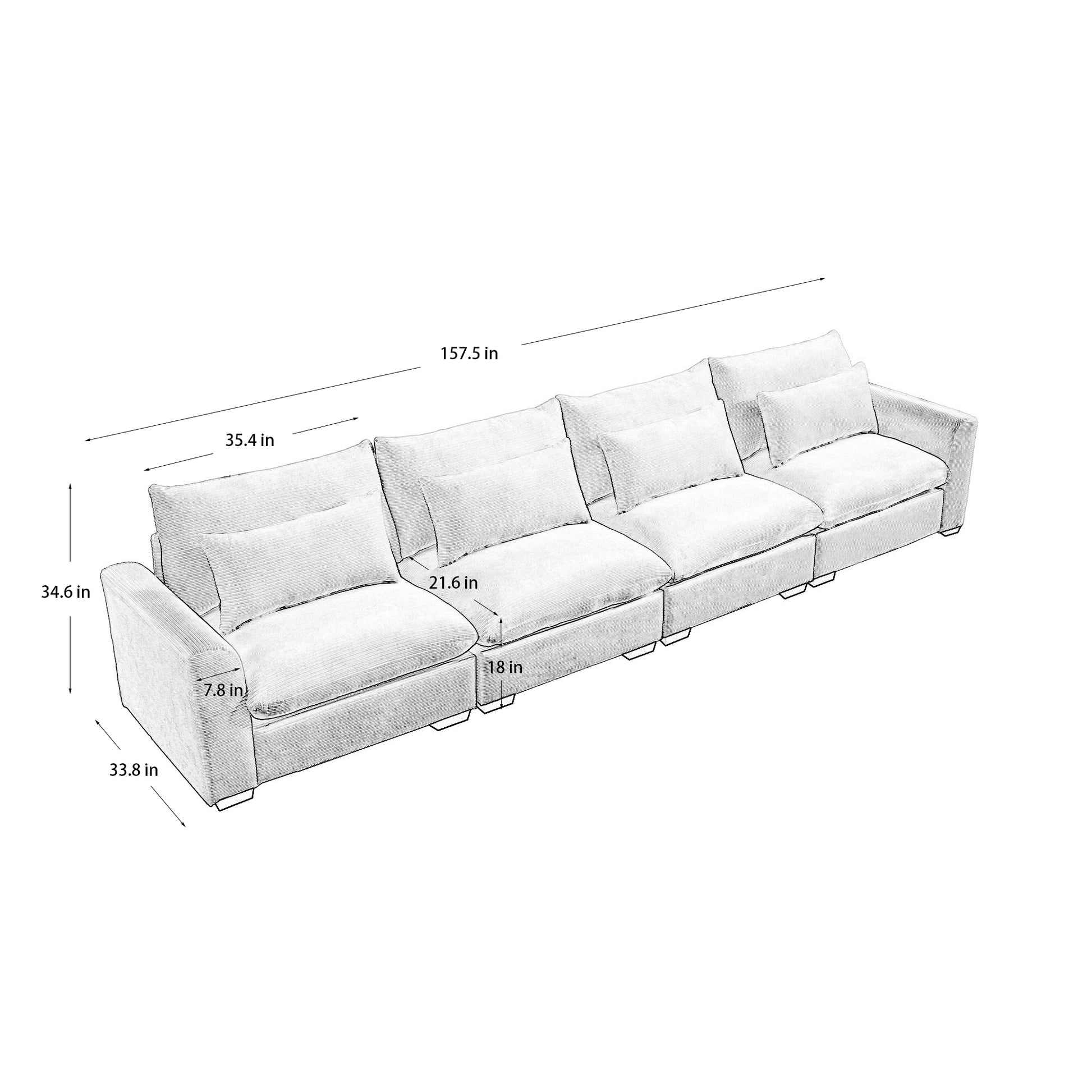 4 Seater Deep Seat Couches For Living Room, Comfy Beige Corduroy Sofas For Living Room Modern With 4 Waist Pillows Beige Corduroy 4 Seat