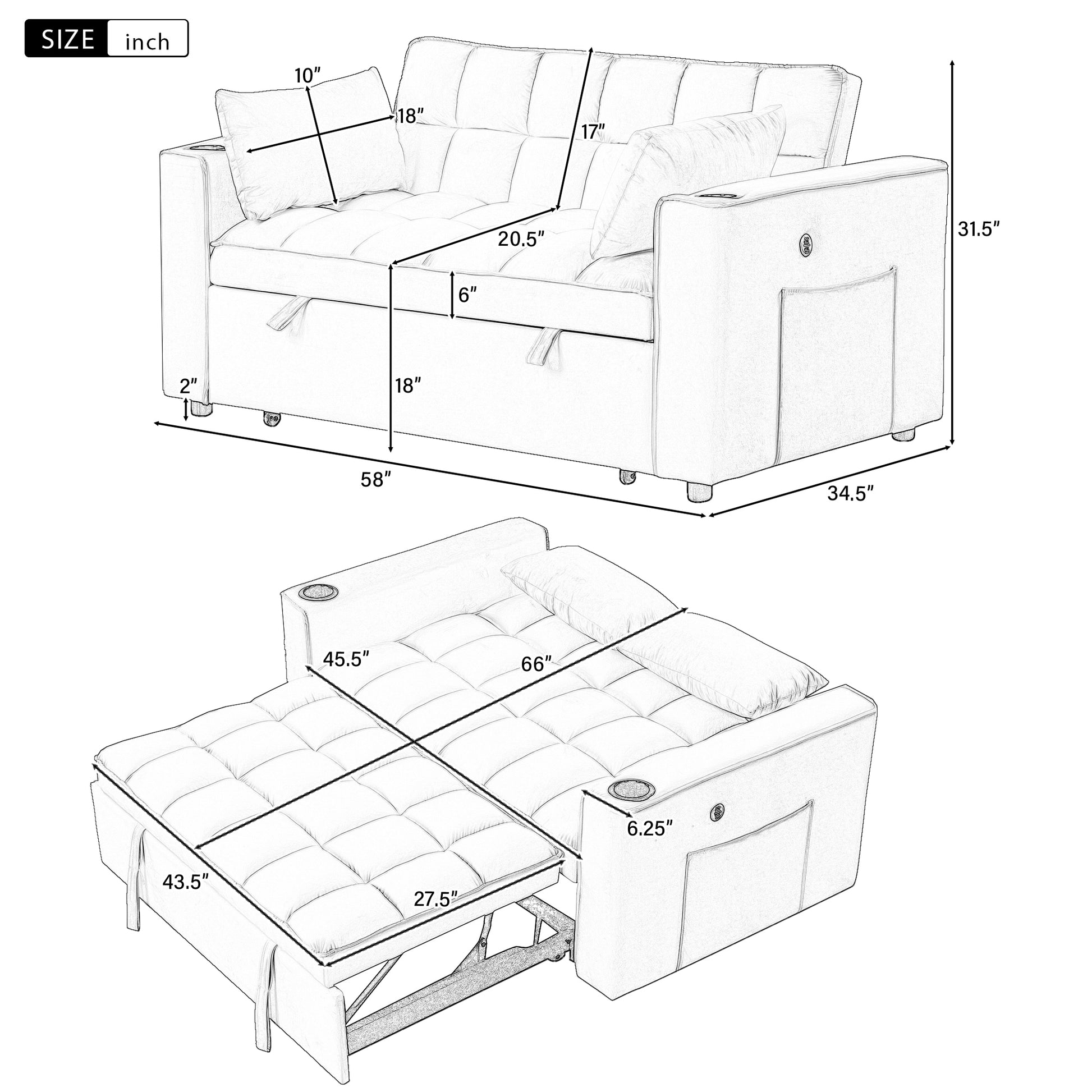 58" 4 1 Multi Functional Sofa Bed With Cup Holder And Usb Port For Living Room Or Apartments Black Black Foam 2 Seat