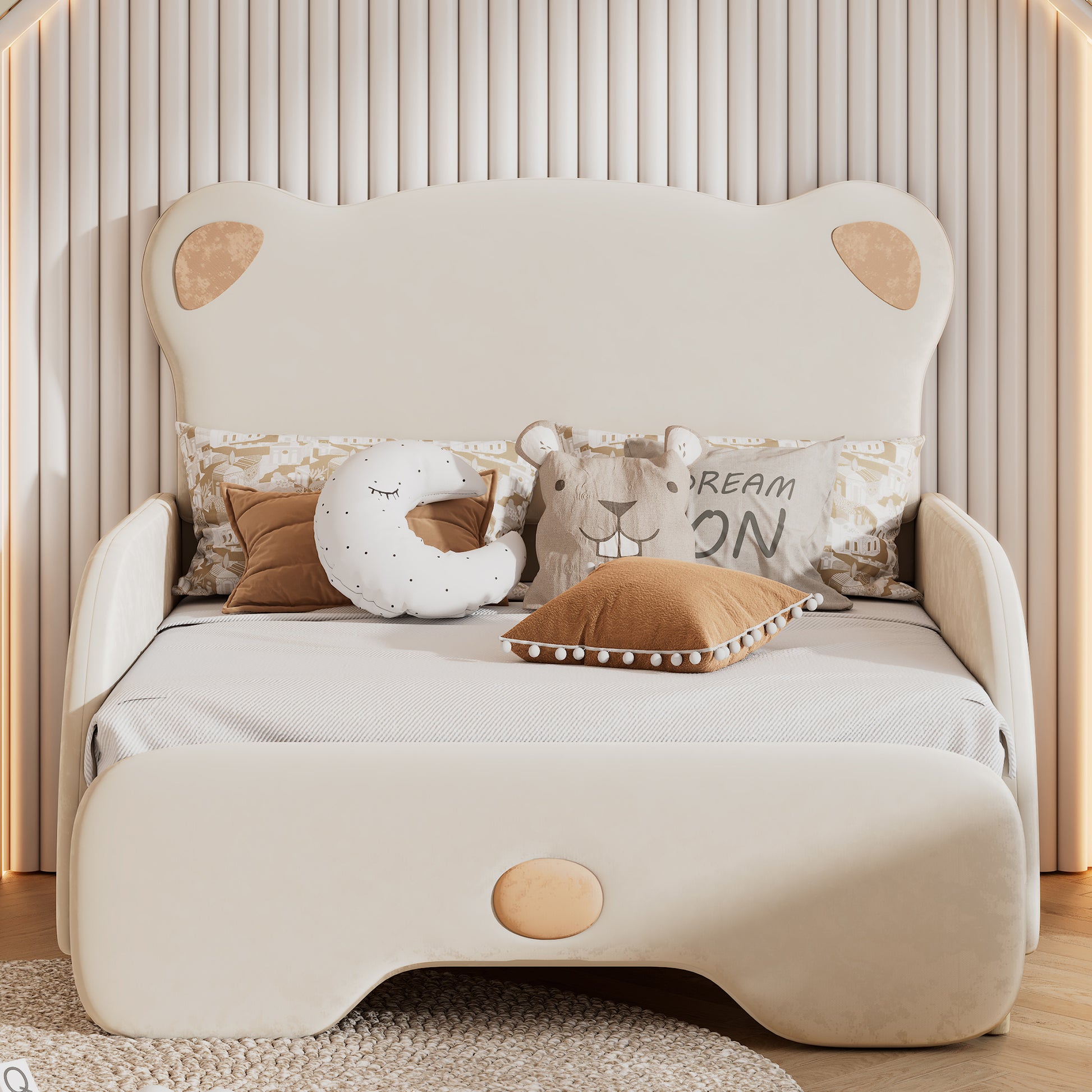 Twin Xl Size Upholstered Stretchable Vaulted Sofa Bed, Bear Shaped Headboard, Beige Expected Arrival Time: 10.3 Box Spring Not Required Twin Xl Beige Wood Bedroom Bed Frame Upholstered