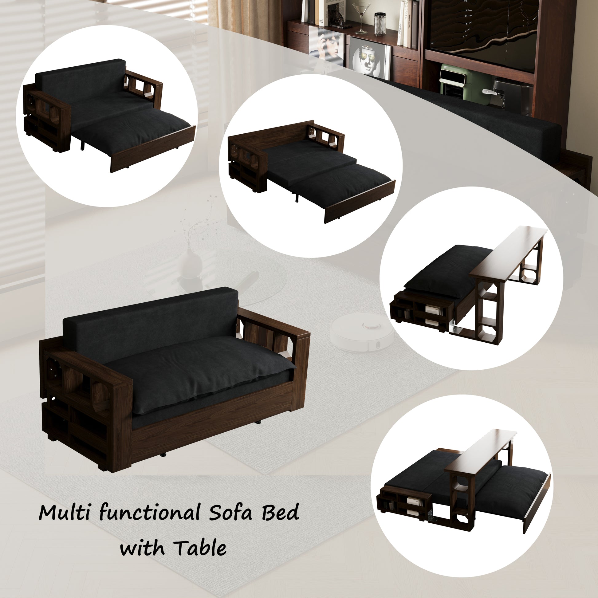 3 In 1 Convertible Sleeper Sofa Bed,Modern Velvet Loveseat Couch With Pull Out Bed,Small Beautiful Seat Futon Sofa Bed With Convertible Office Desk,Black Black Metal & Wood 2 Seat