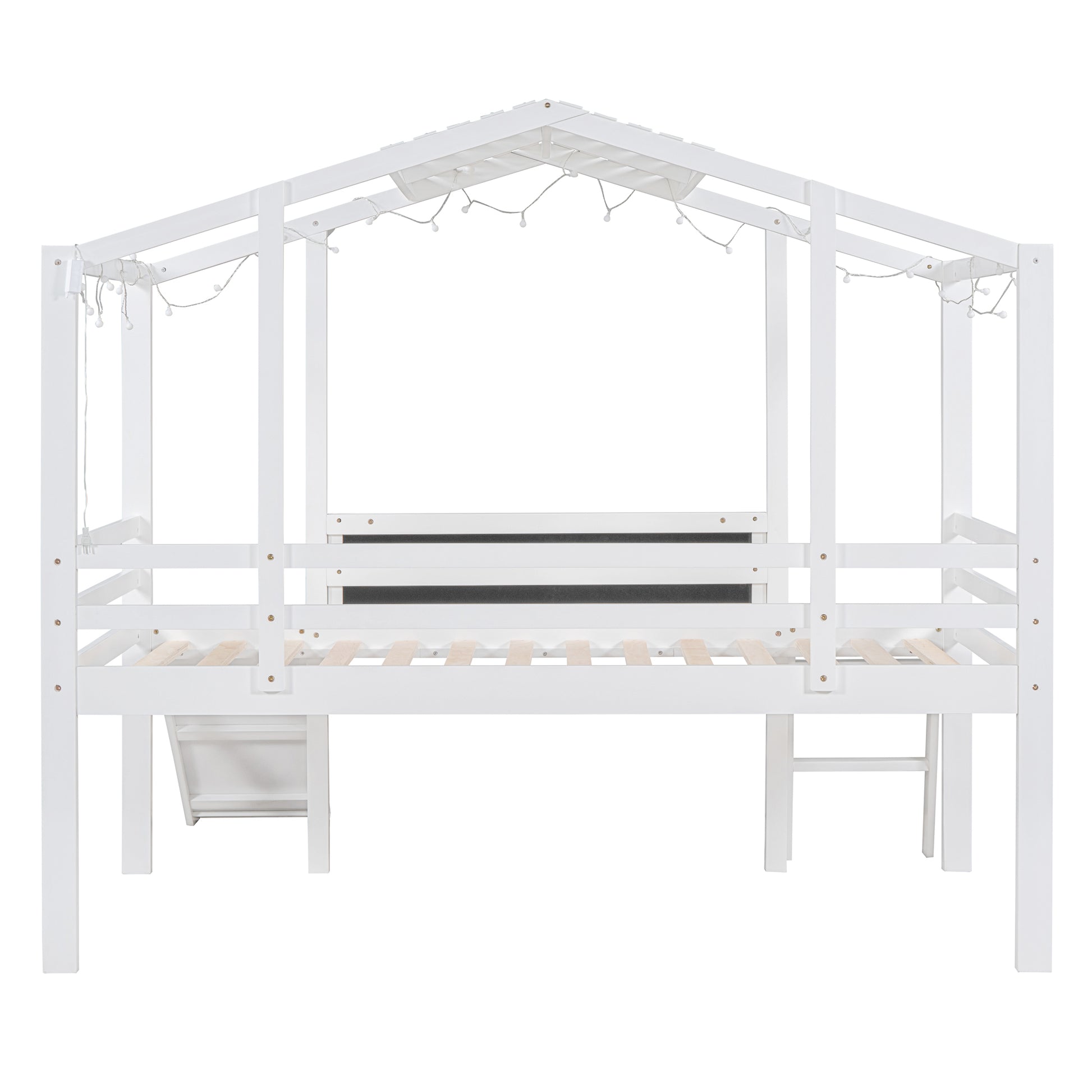 Twin Size Loft Bed With Ladder And Slide, House Bed With Blackboard And Light Strip On The Roof, White Twin White Solid Wood Mdf