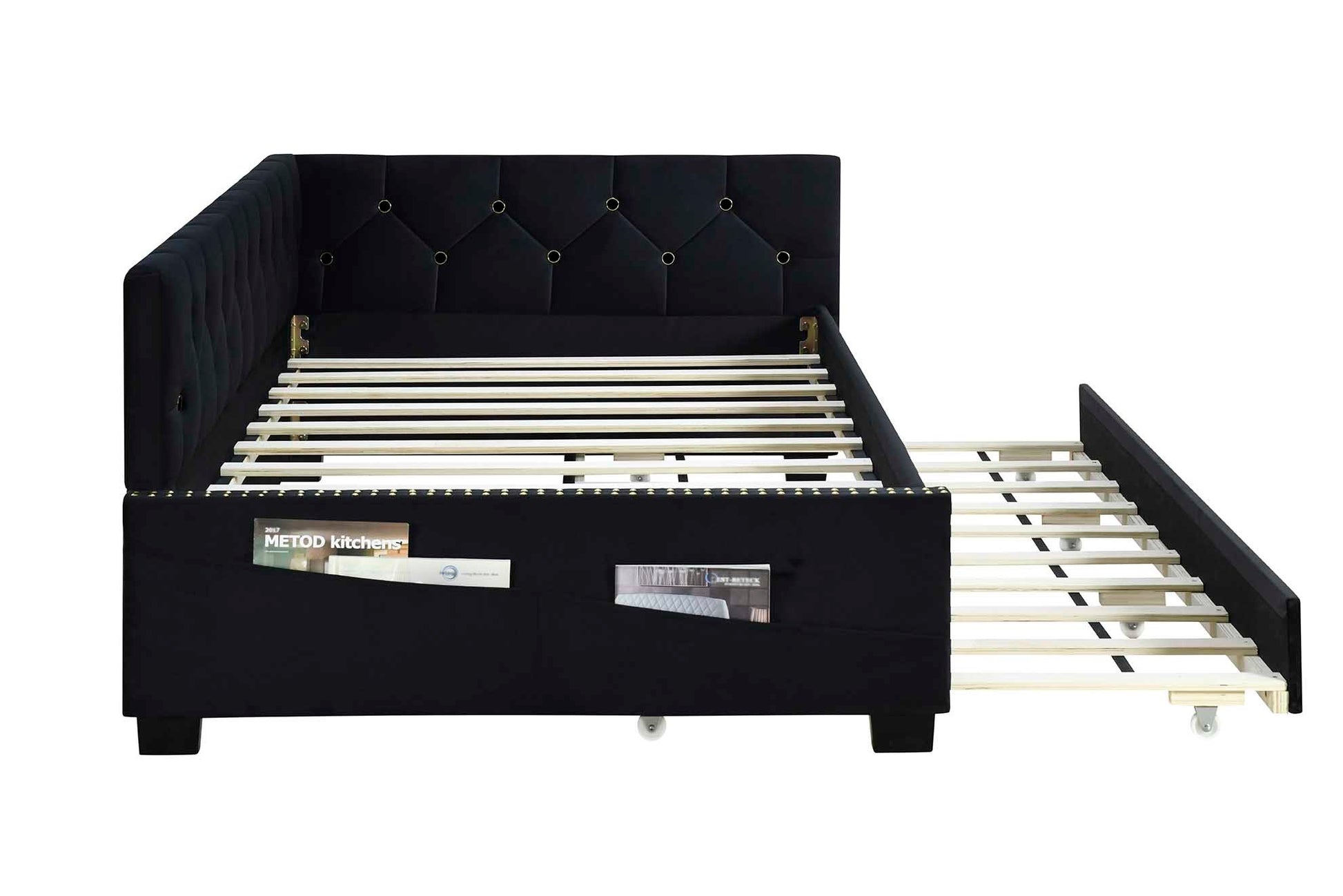 Black Upholstered Twin Size Daybed Bed Frame Corner Bed With Trundle, Velvet Fabric, Studding Design, No Box Spring Required, Fits Any Style Box Spring Not Required Twin Black Wood Espresso Bedroom Artsy,Retro,Vintage Rubberwood Fiber Foam And Polyester