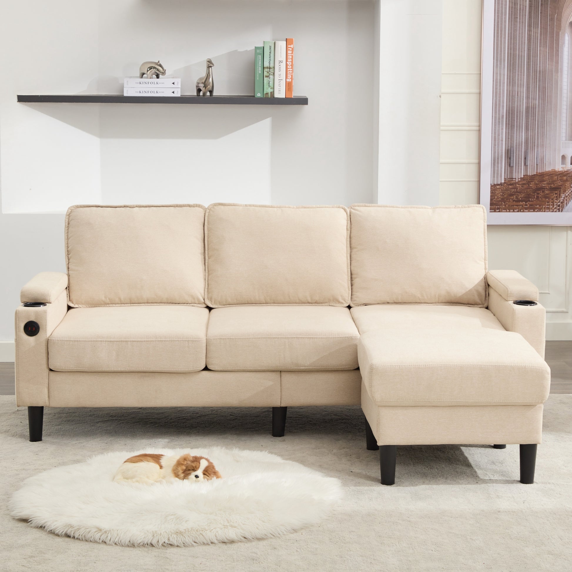 Beige Color Knock Down 3 Seat Combo Sofa With Storage Ottoman For Living Room Apartment Bedroom And Compact Room, Upholstered Sectional Couch, L Shaped Bench With A Footrest, A Individual Sto White Wood Primary Living Space Heavy Duty Pine 3 Seat Beige