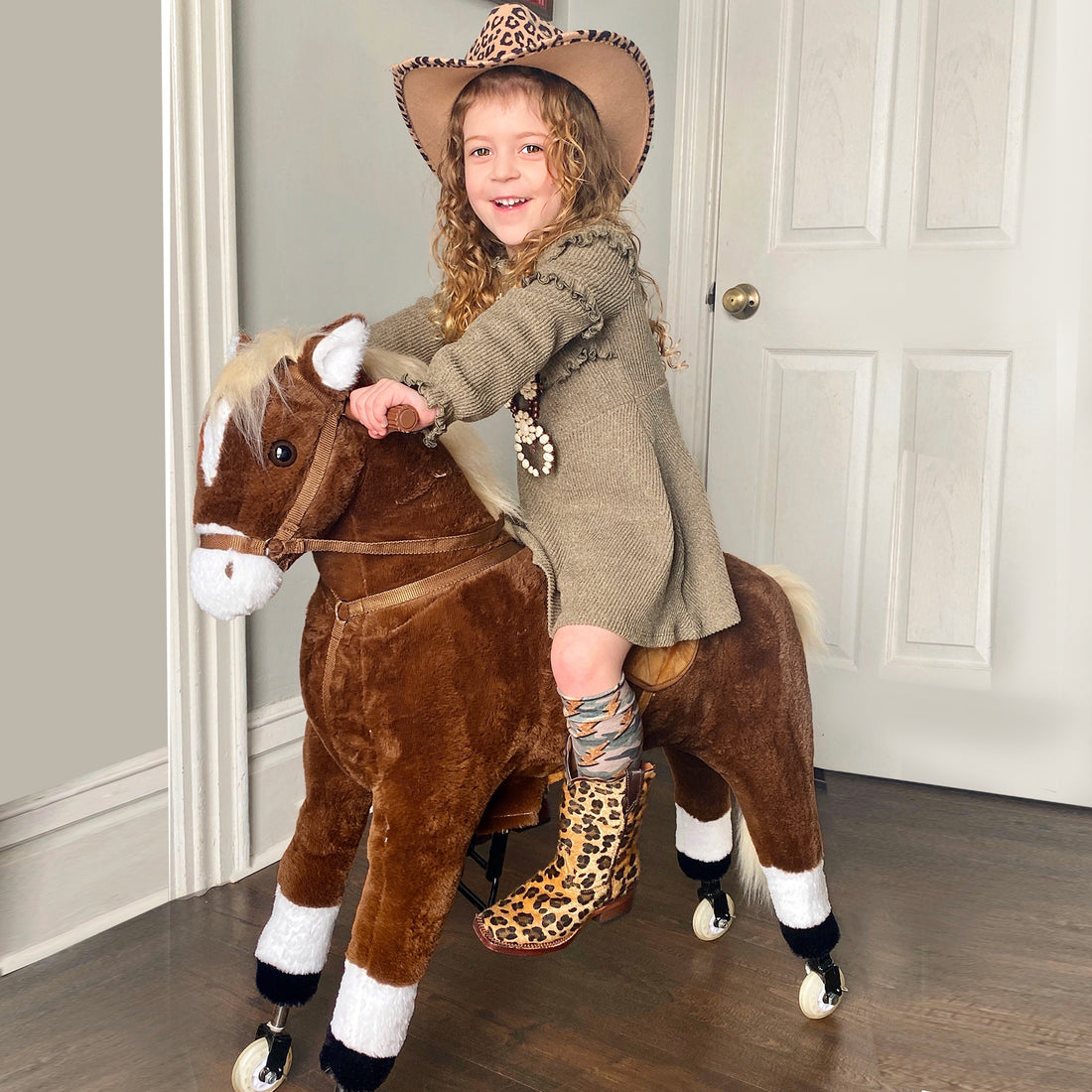 Qaba Kids Ride On Walking Horse With Easy Rolling Wheels, Soft Huggable Body, & A Large Size For Kids 5 16 Years Brown Plush