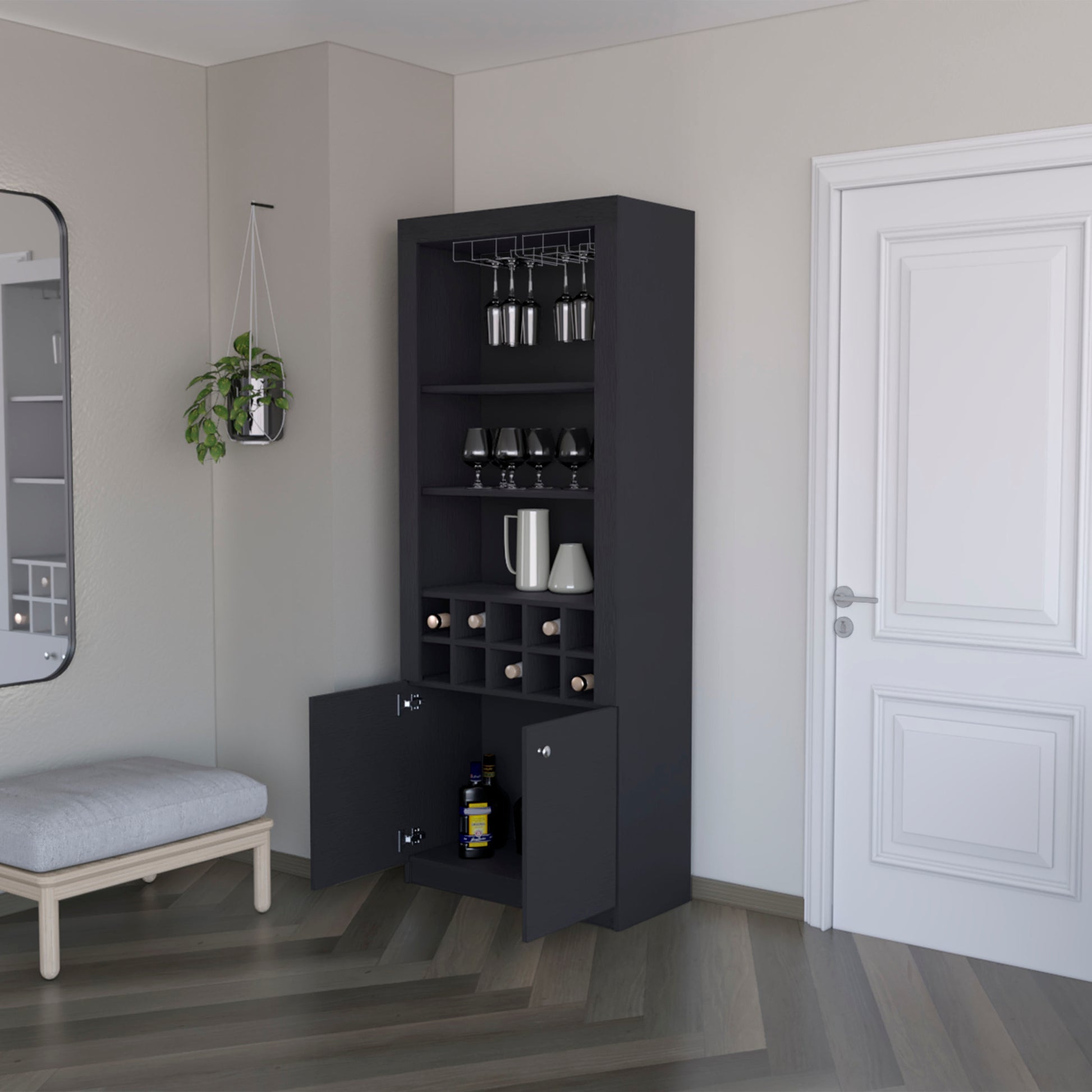 Cr Bar Cabinet, With Wine Storage And Thre Shelves Freestanding 5 Or More Spaces Black Primary Living Space Open Storage Space Contemporary,Modern Pine Particle Board Engineered Wood