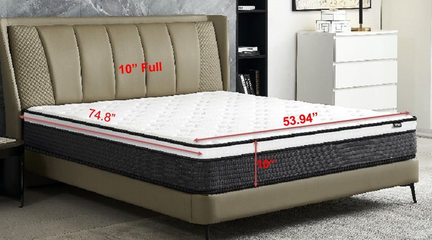 Hybrid 10 Inch Full Size Pillow Top Mattress In A Box Withand Hypoallergenic Design, Medium Firm For Lumbar Support White Gray Foam Spring Full