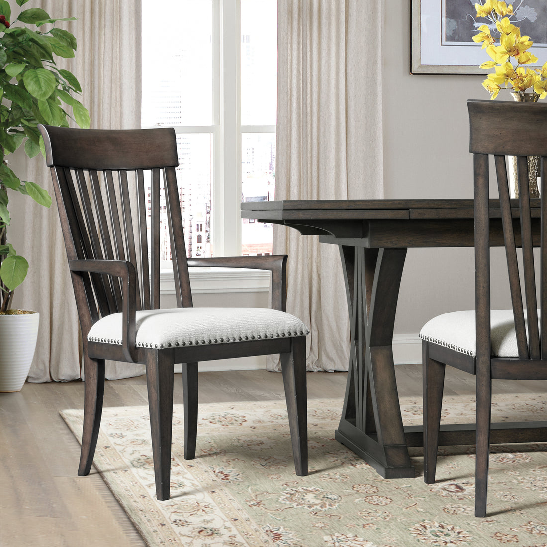 Grant Trim Upholstered Armchairs, Set Of 2 Solid Brown Dining Room Rubberwood Slat Back Set Of 2 Rubberwood Beige Polyester Spot Clean Square French Country Arm Chair Polyester Polyester