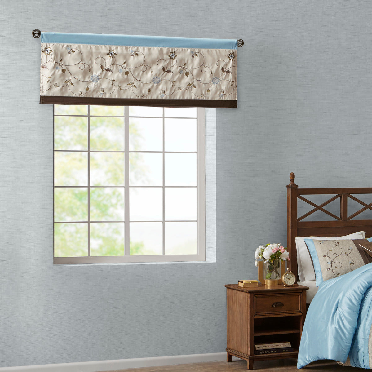 Embroidered Window Valance Blue 50X18" Blue Polyester