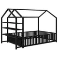 Full Size Metal House Bed With Fence And Detachable Storage Shelves, Black Full Black Metal