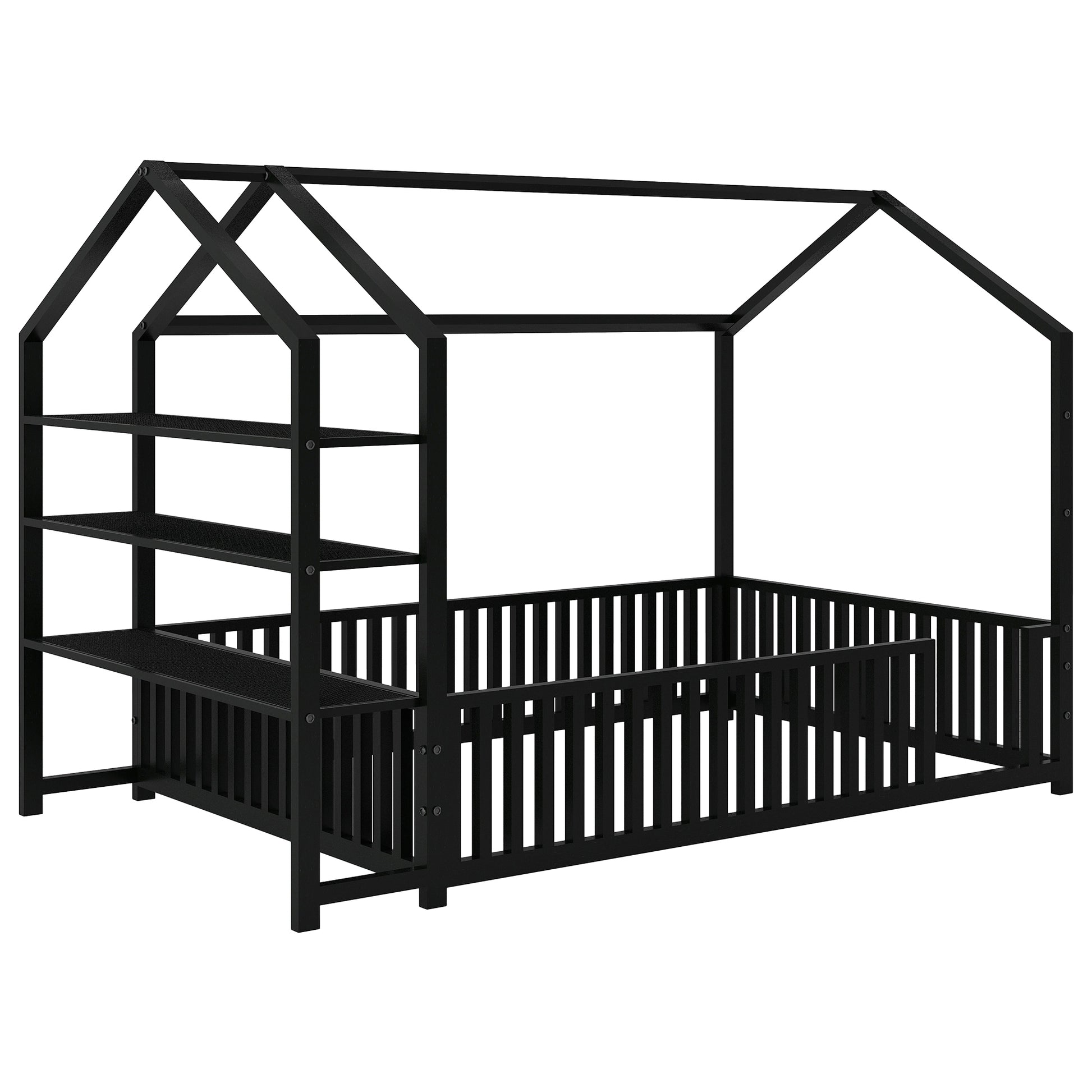 Full Size Metal House Bed With Fence And Detachable Storage Shelves, Black Full Black Metal