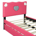 Twin Size Upholstered Platform Bed With Trundle And Heart Shaped Decoration, Dark Pink Box Spring Not Required Twin Dark Pink Wood Bedroom Bed Frame Faux Leather Upholstered