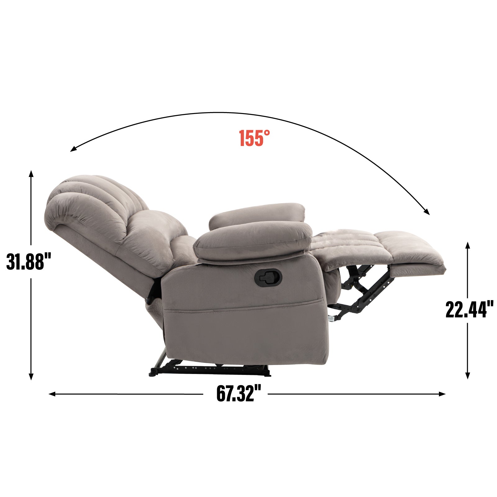 Large Manual Recliner Chair In Fabric For Living Room, Grey Grey Suede Manual Handle Metal Primary Living Space Medium Firm Cushion Back Heavy Duty American Design Pine Pillow Top Arms Fiber Foam And Polyester Fiber Pad Fabric