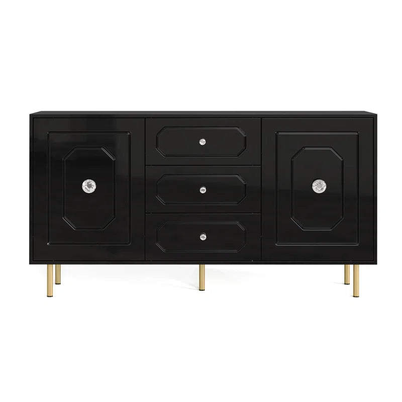 59" 2 Door 3 Drawers Wood Black High Gloss Finish Sideboard Black Dining Room Minimalist,Modern Soft Close Doors Mdf