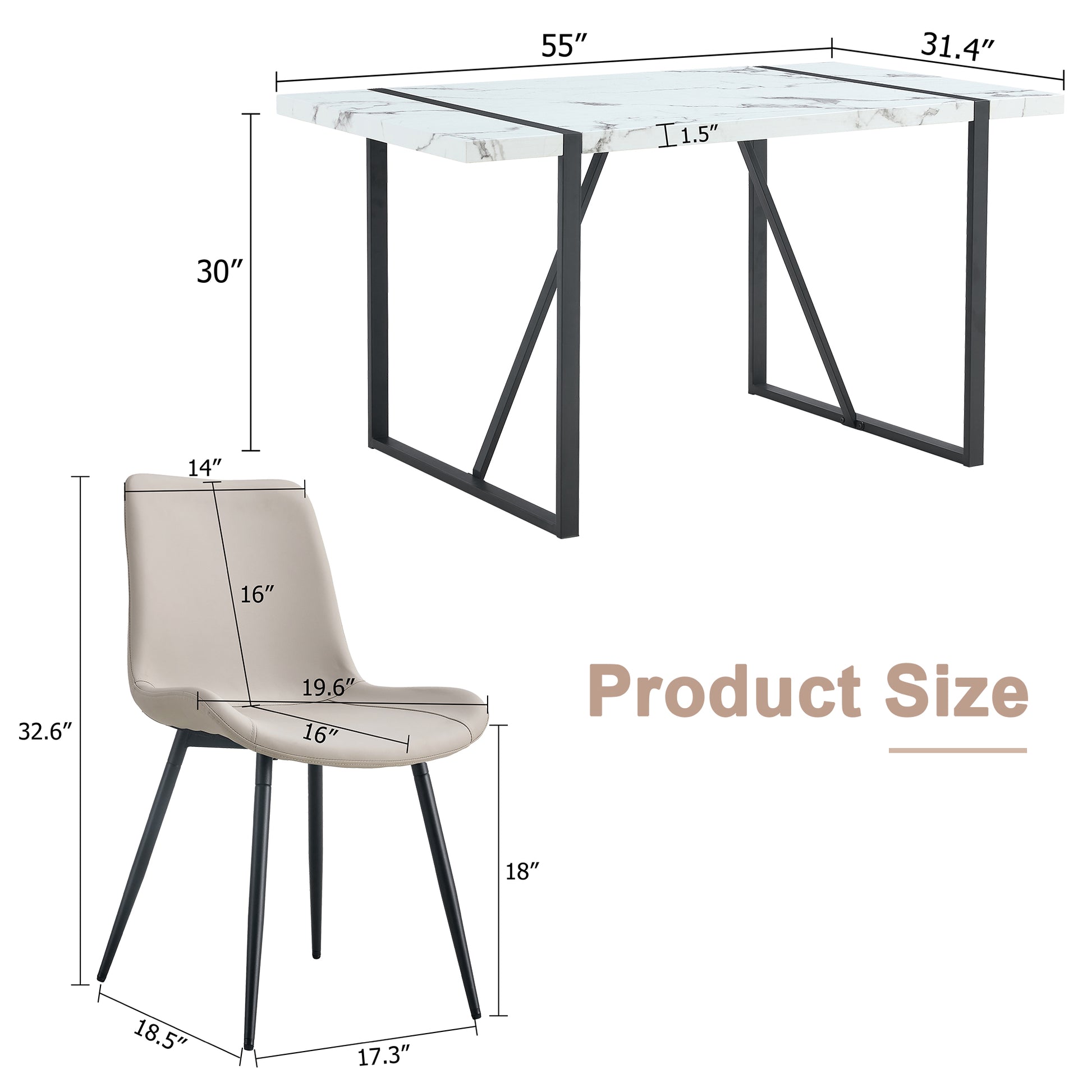 Table And Chair Set.A Modern Minimalist White Marble Veined Mdf Dining Table With Metal Frame.Paried With 4 Chairs With Pu Cushions And Black Metal Legs. Light Gray,White Seats 4 Mdf Metal