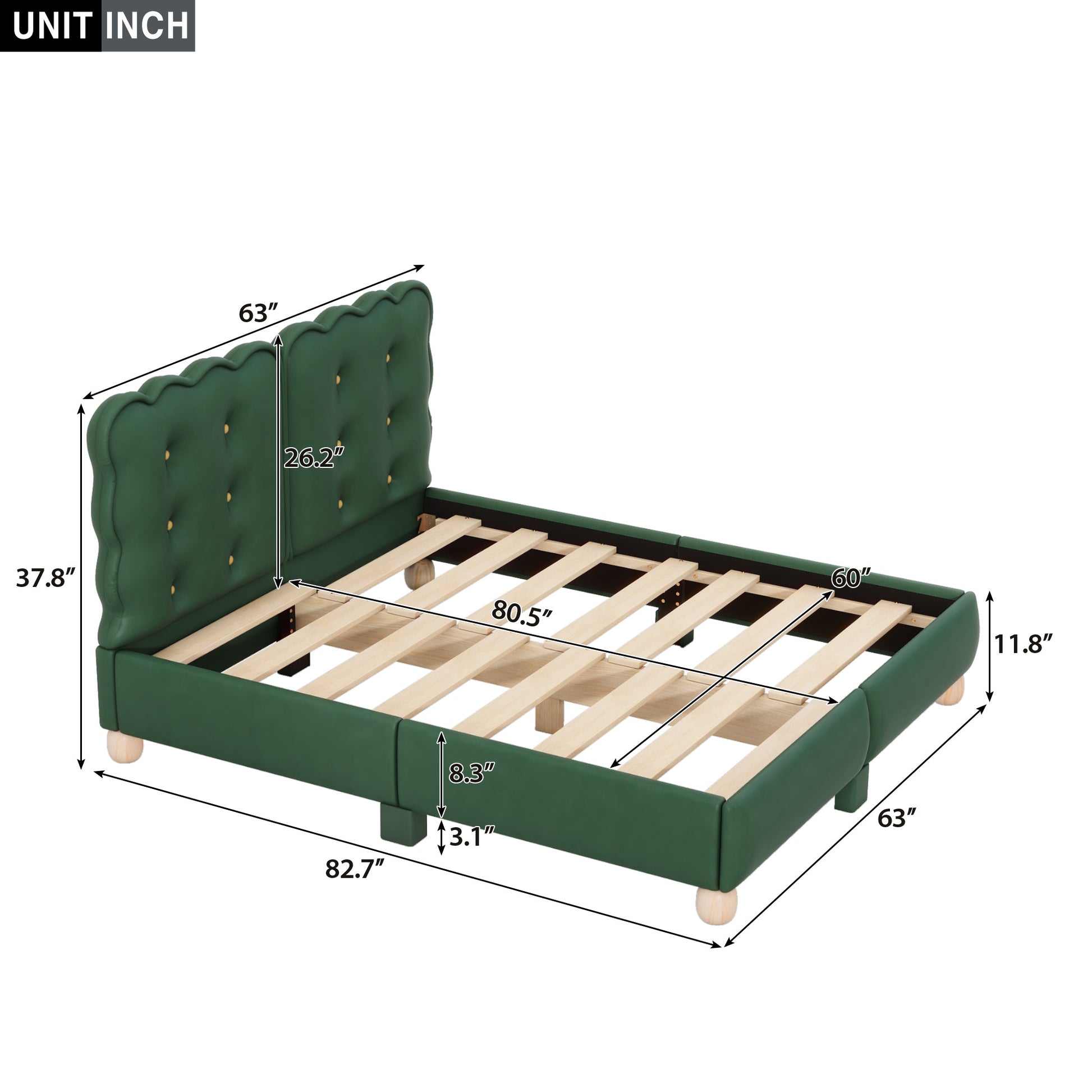 Queen Size Upholstered Platform Bed With Support Legs,Green Green Upholstered