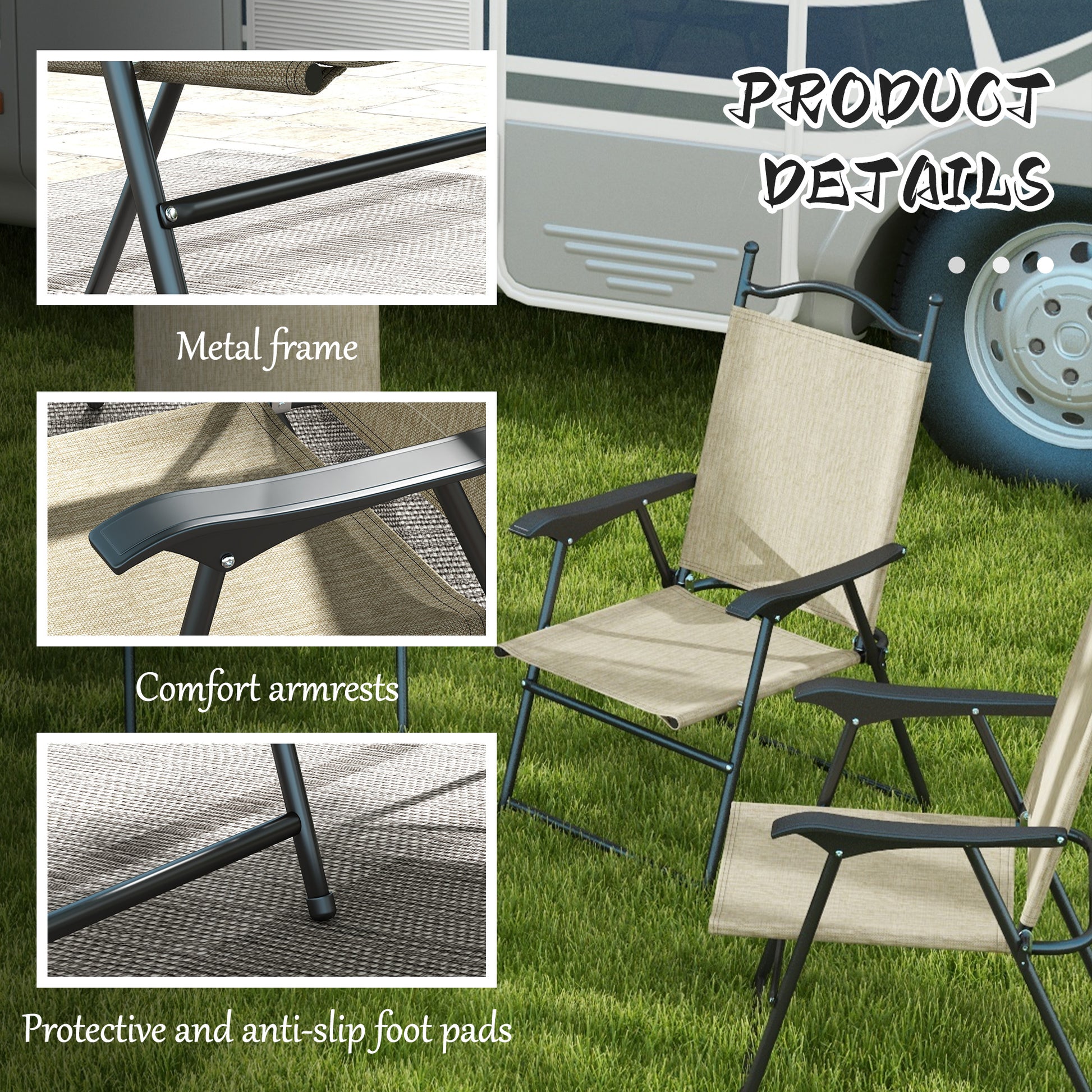 Outsunny Folding Patio Chairs, Set Of 4 Sports Chairs For Adults, Camping Chairs With Armrests,Mesh Fabric Seat For Lawn, Beige Beige Metal