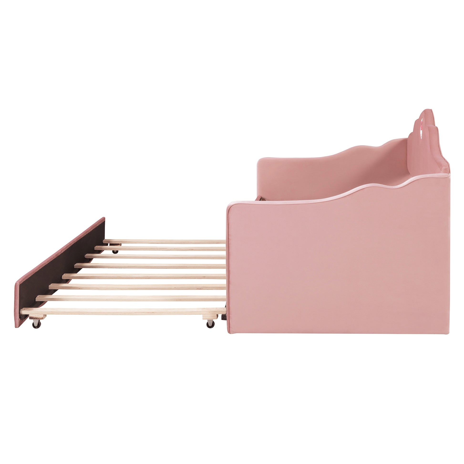 Twin Size Upholstered Daybed With Wave Shaped Trundle, Pink Pink Velvet