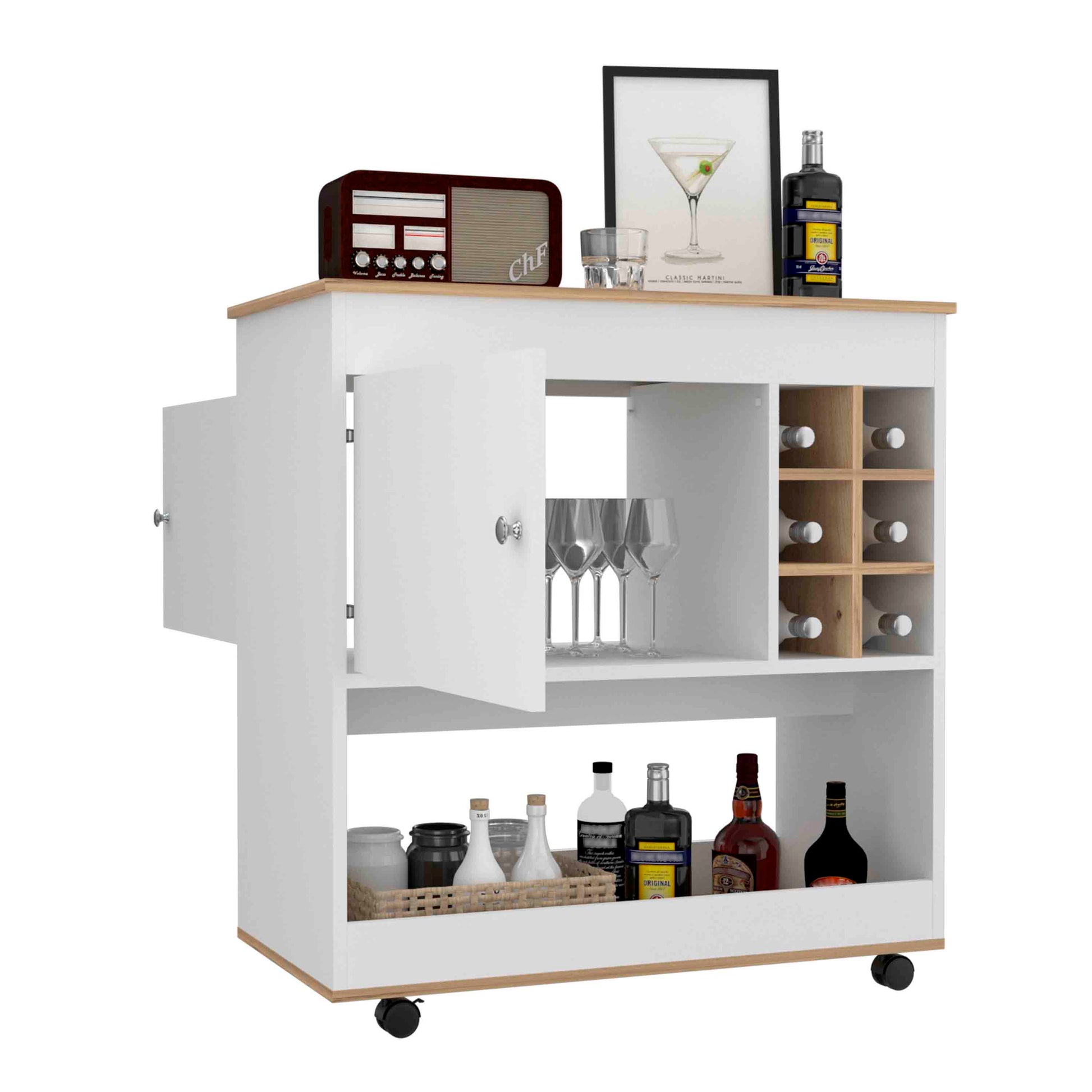 Camelia Bar Cart, Lower Panel, Six Bottle Cubbies, One Cabinet Light Oak White Multicolor Dining Room Modern Rectangular Particle Board Particle Board Medium 40 55In