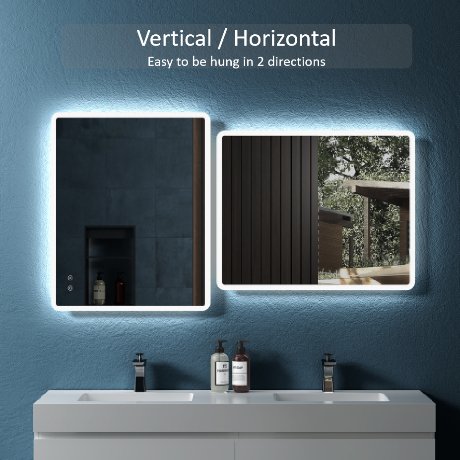 24" W X30 " H Modern Wall Mounted Led Backlit Anti Fog Rounded Rectangular Bathroom Mirror With Us Standard Plug, Temperature Adjustable And Memory Function Touch Switch White Glass