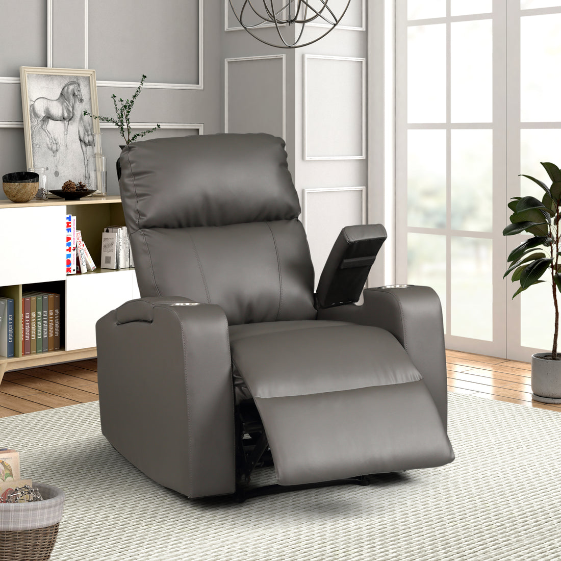 1Pc Modern Power Recliner Glued Solid Wood Frame Heavy Duty Steel Rail Upholstered Faux Leather Fabric Single Stitching Two Cup Holders Grey Color Grey Faux Leather Wood Primary Living Space Cushion Back Contemporary,Modern Foam Faux Leather